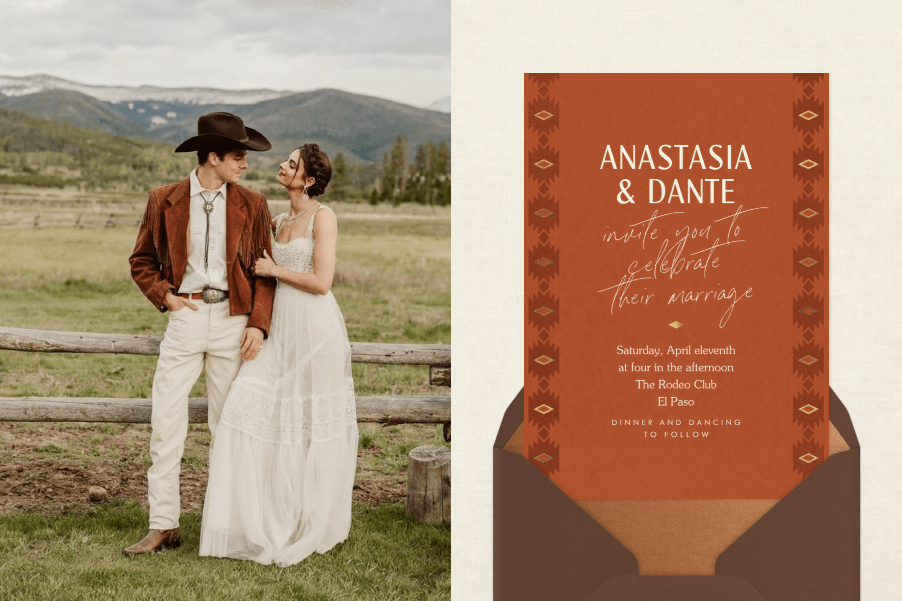 Left: A couple poses on their wedding day on a Western ranch; Right: an umber invitation with a Western-inspired pattern.