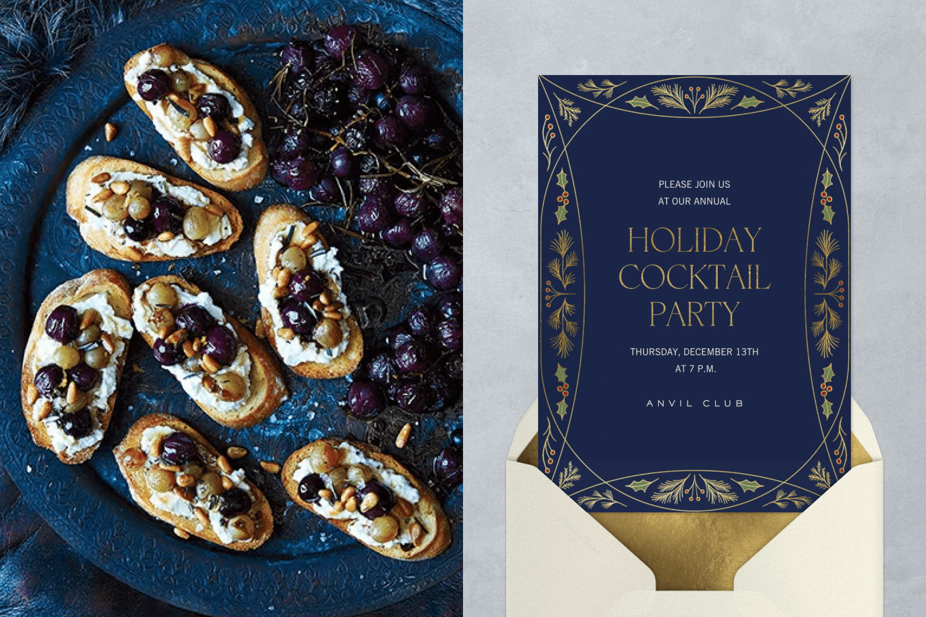 Slices of toast with ricotta and roasted grapes; a navy blue card with an Art Deco-style border of holly and fir sprigs.