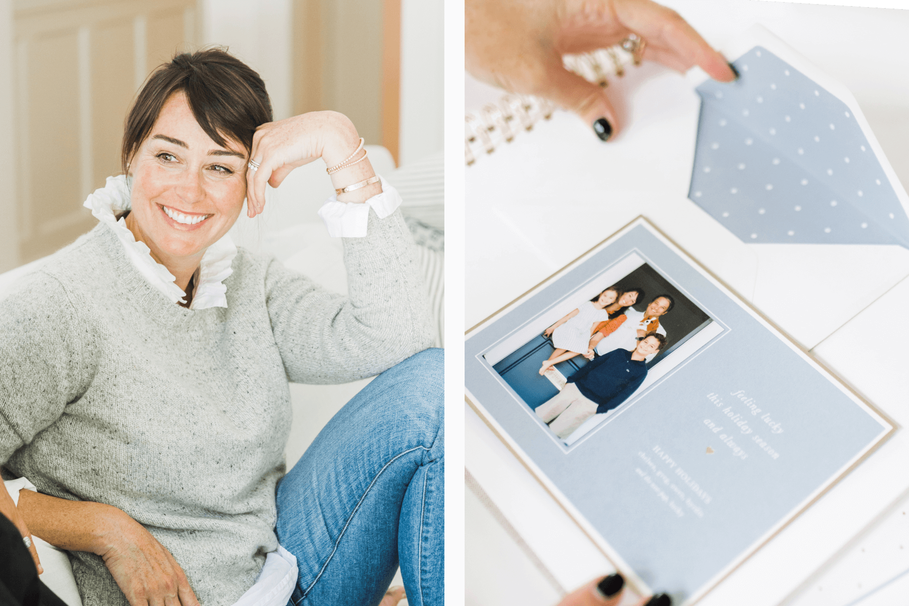 Left: A portrait of Chelsea Shukov; Right: Two hands holding Chelsea’s light blue holiday card and envelope.