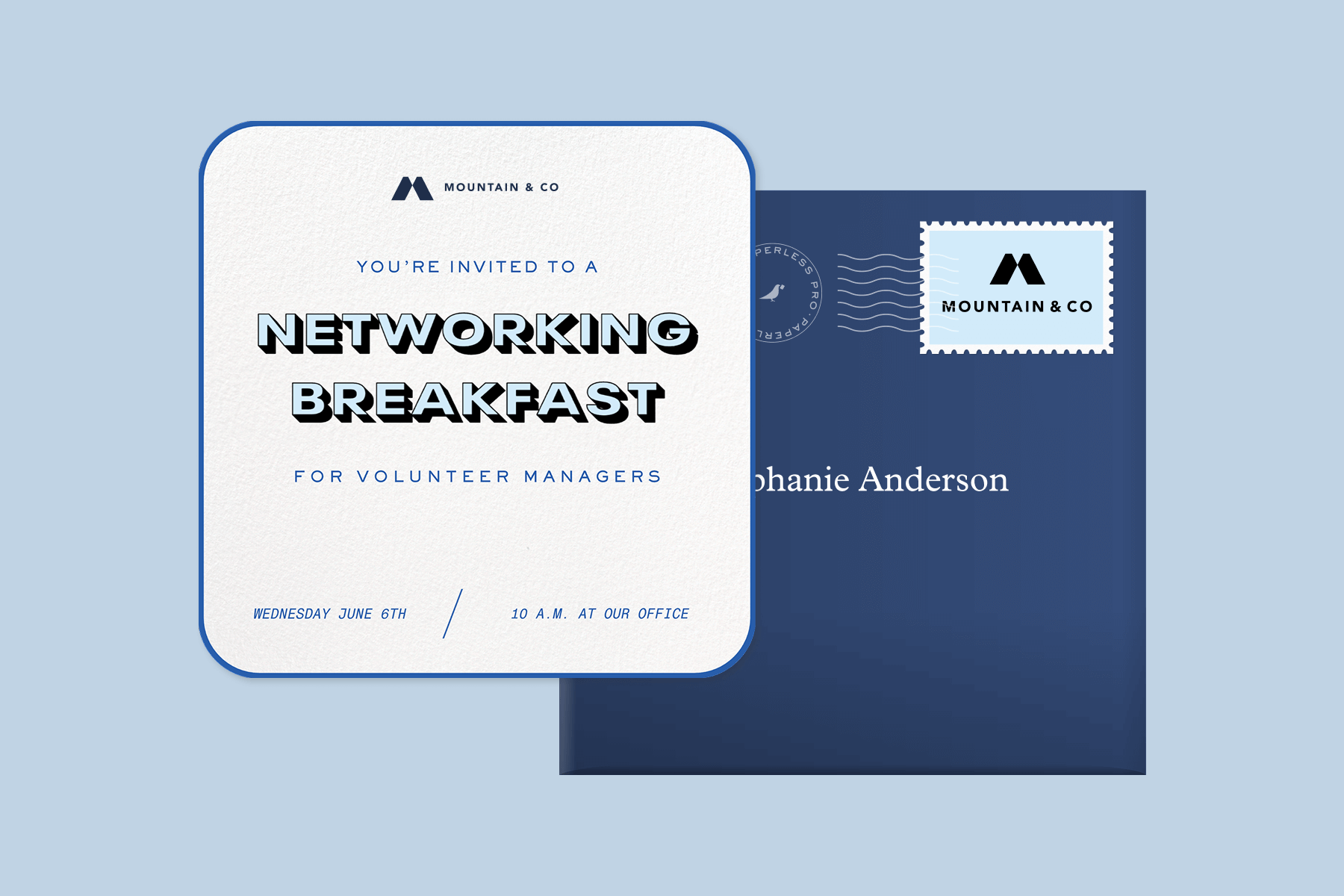 A white networking breakfast invitation with rounded edges, blue 3D-style text, and a business logo in front of a dark blue envelope and stamp with the same business logo.