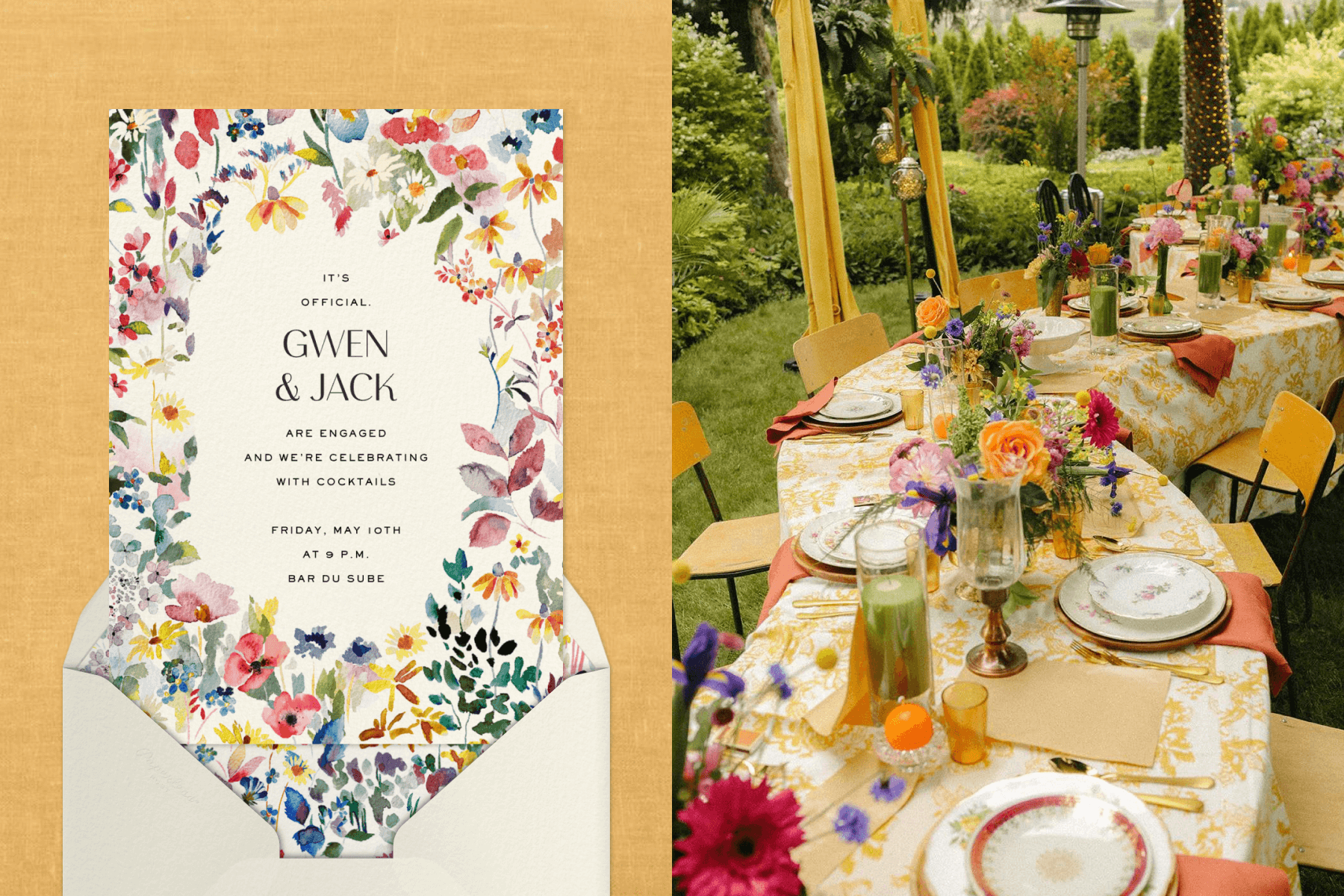 Left: A multicolored floral engagement party invitation; Right: A curved table set with orange, purple, and yellow décor.