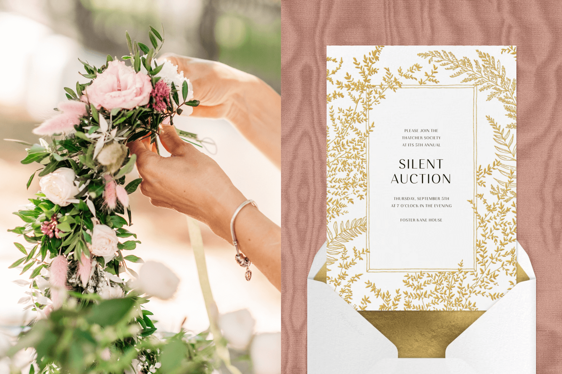 Two hands tying a ribbon onto a wreath made of pink flowers and greenery; A silent auction invitation featuring gold leafy illustrations.