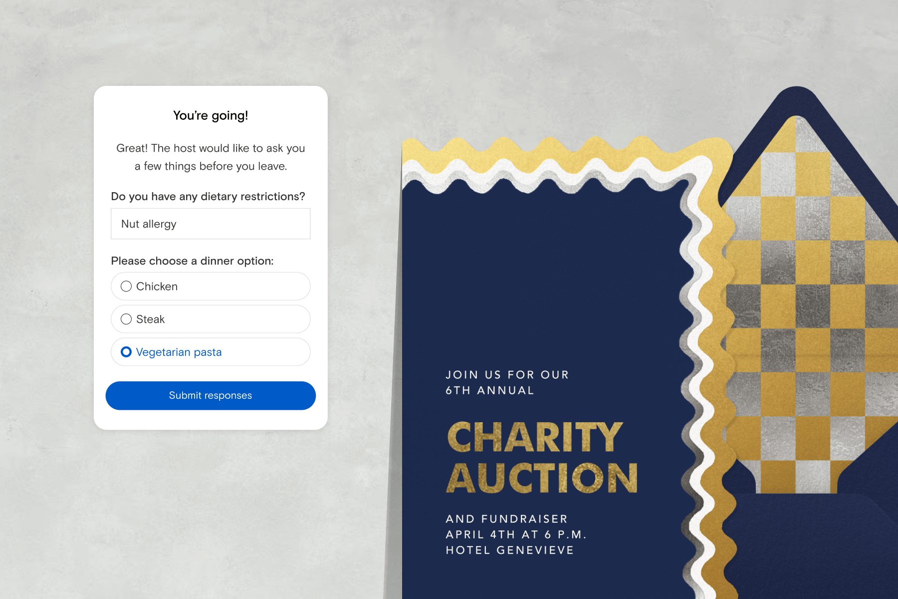 An invitation to a charity auction featuring a navy background and metallic squiggle graphics, plus a pop-up with a dialogue box for dietary restrictions and a poll for dinner options. 