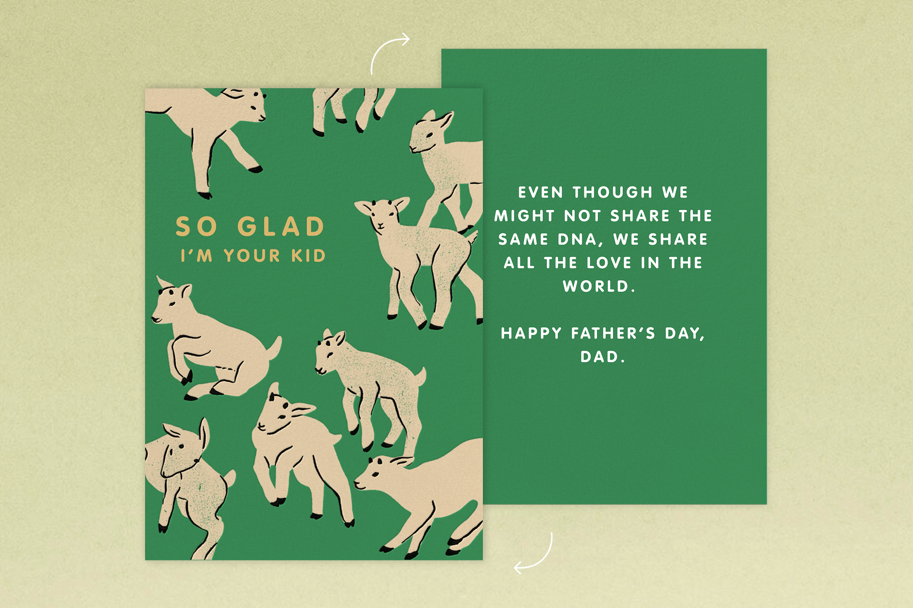 The front of a green Father’s Day card with illustrated goat designs and the phrase “So glad I’m your kid” sits to the left of the card’s backside, which shares a heartfelt message about how love is more important than sharing DNA.