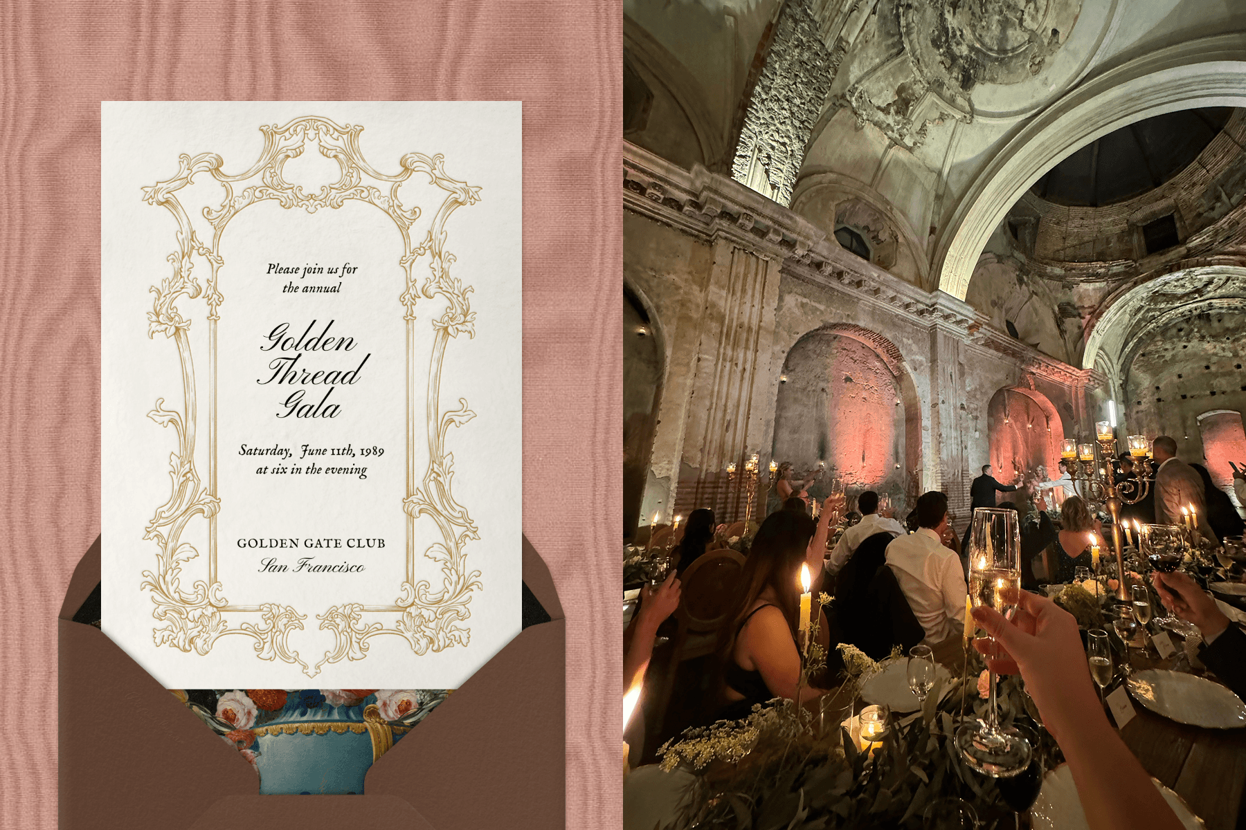 Left: A golden-themed gala invitation animating from a brown envelope with a floral interior against a textured muted mauve backdrop. Right: Gala guests raising their Champagne flutes to toast in a beautifully decorated venue.