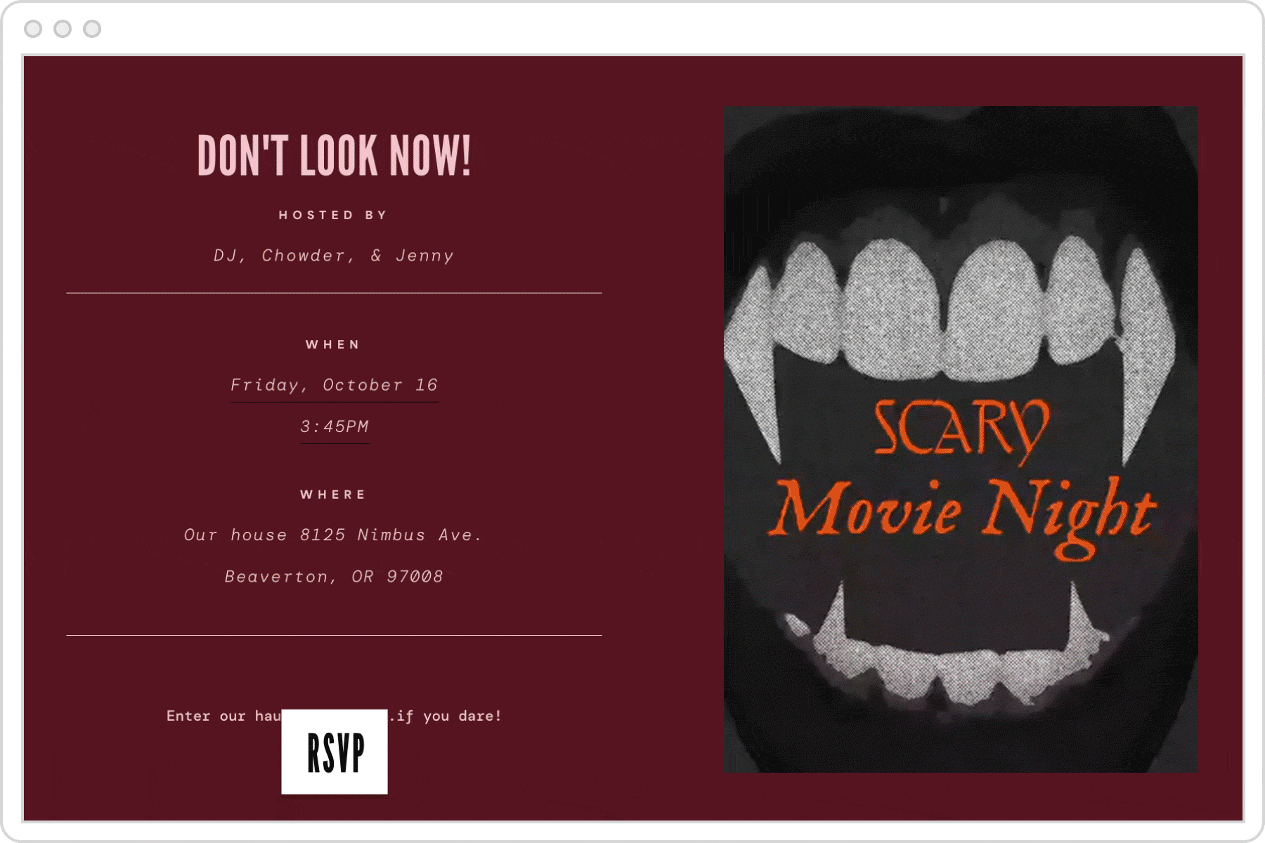 A Paperless Post event page on a deep red background with a Flyer invite for a movie night featuring a black-and-white photo of an open mouth with vampire fangs and text reading ‘Scary Movie Night,’ beside the event details.
