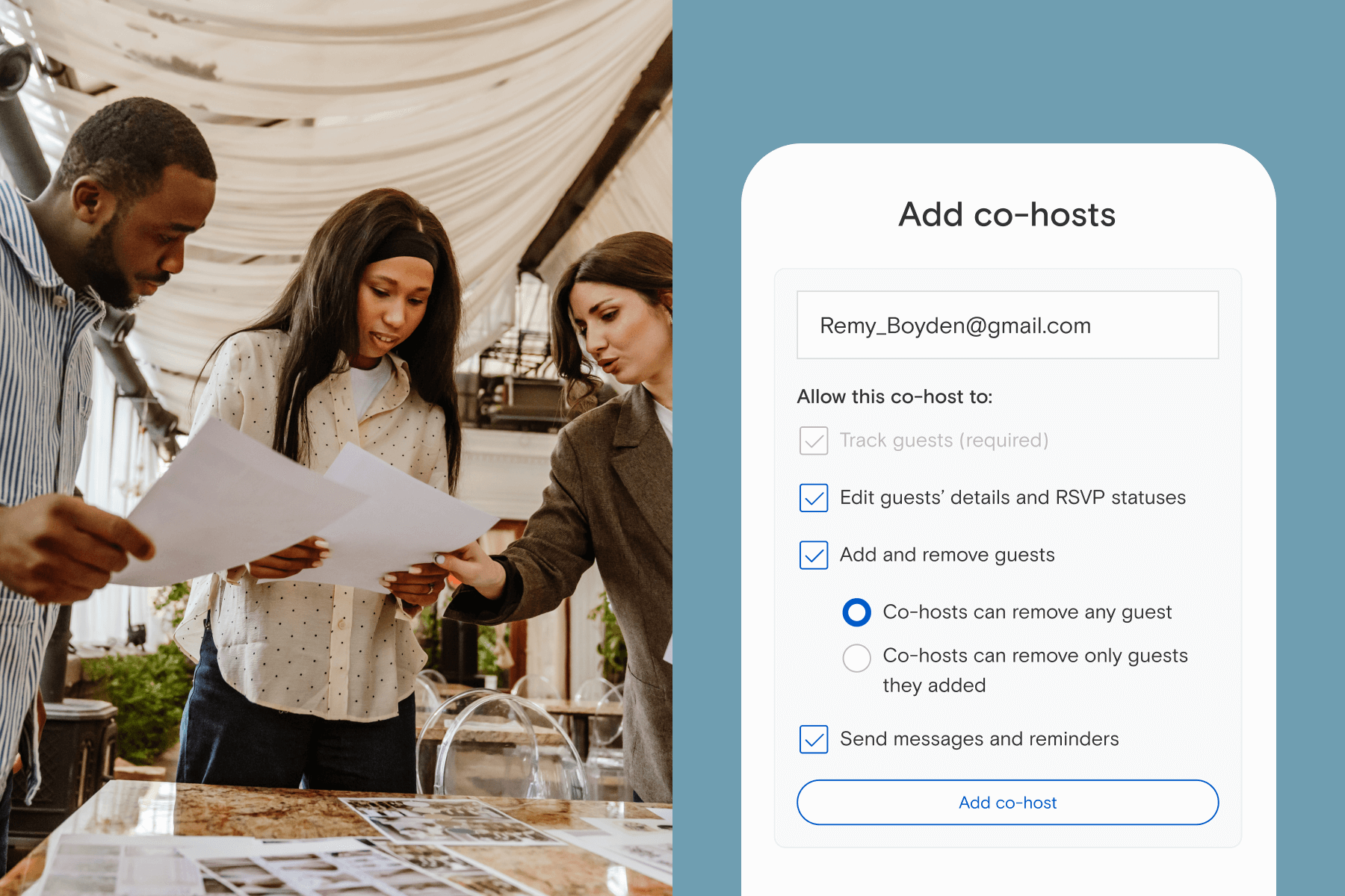  Right, a photograph of three people discussing paperwork while standing around a table under a fabric canopy; Left, a mobile mock-up of how to add co-hosts in the Paperless Post app, showing the different permissions details for co-hosts. 