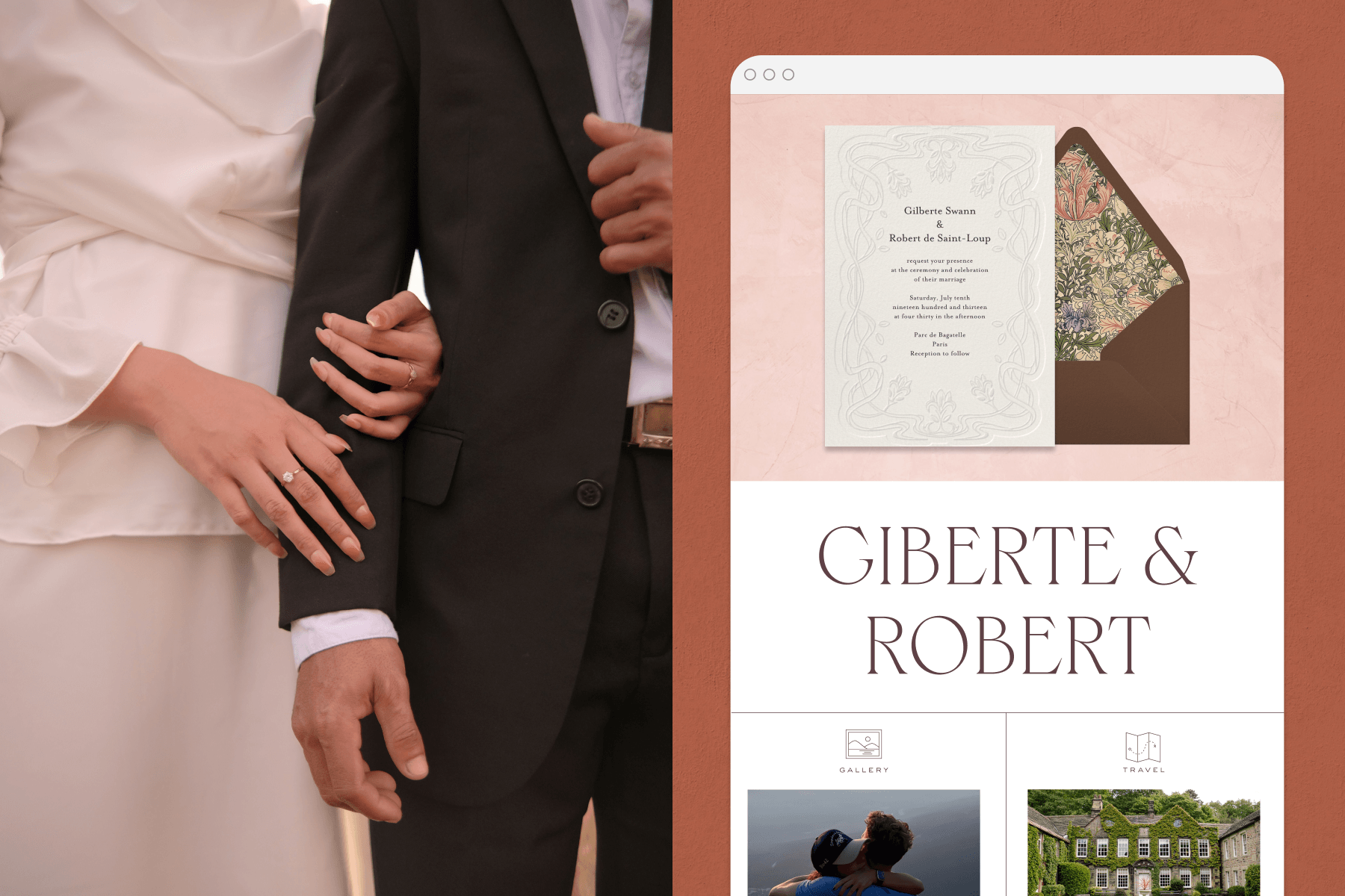 LEFT: A person wearing white holds the arm of another person in a black suit. RIGHT: A computer window with a pink marble backdrop sits beneath a white invitation with a floral design on top of a red envelope with a colorful floral lining. Below are the words ‘Gilberte & Robert’ with sections for a gallery and travel information above photos of a couple and a large house.