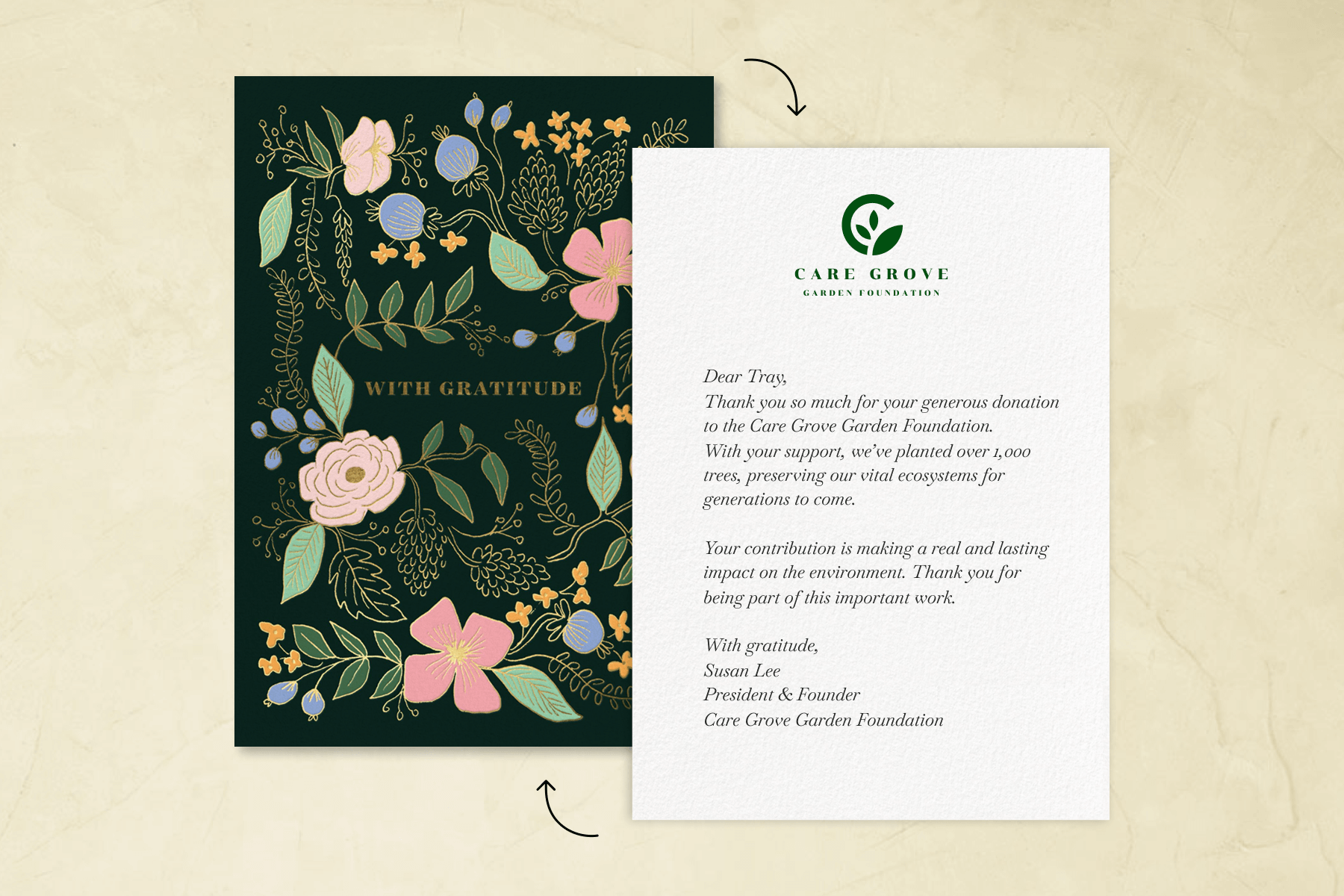 A thank you note with a dark green background and gold text that says ‘With gratitude’ surrounded by a pink, green, blue, and gold flower and vine illustration, and a backside that has a personalized thank you note with a business logo at the top, all on beige textured background.