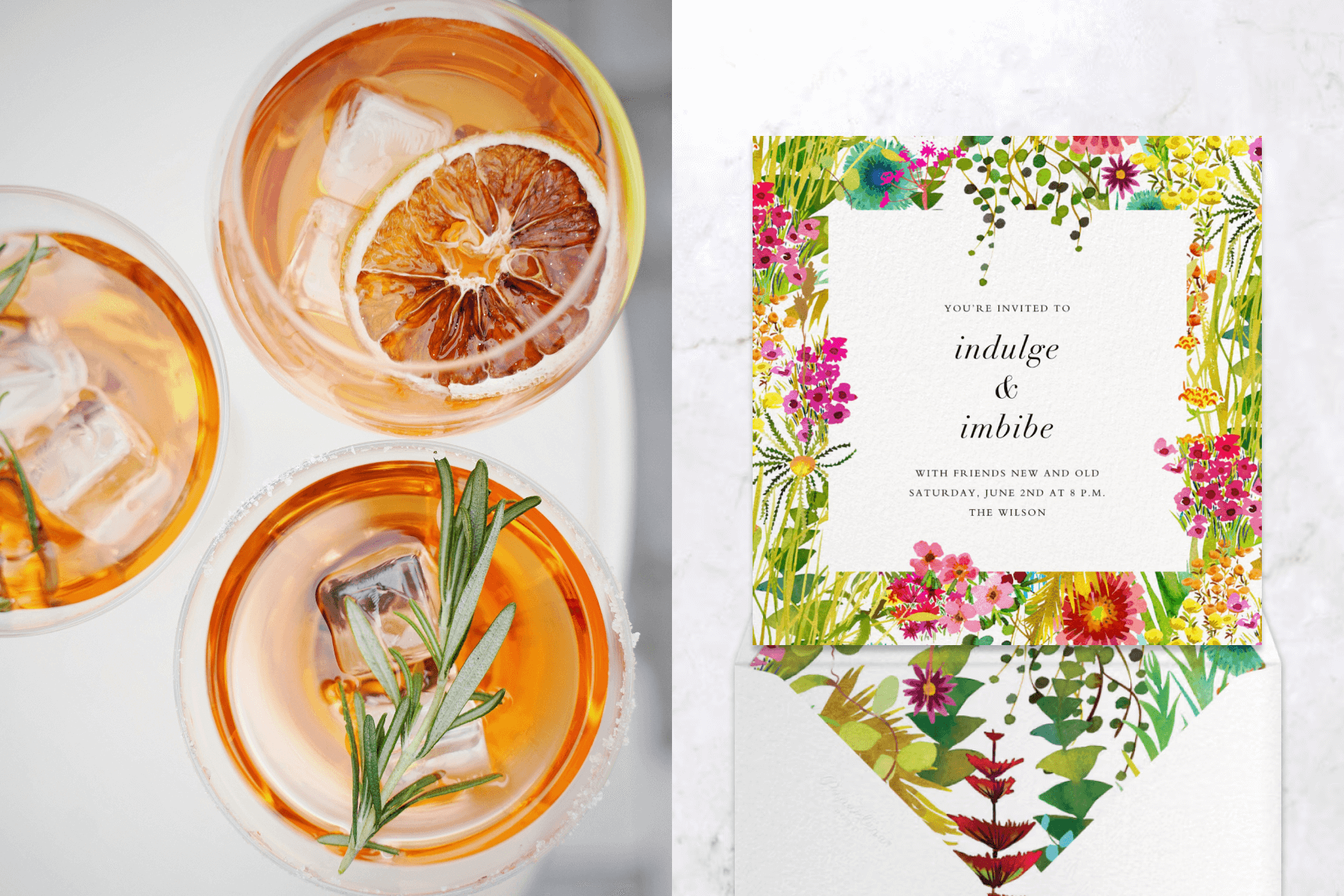An overhead photo of three glasses of Aperol Spritz with various garnishes; A square cocktail party invitation with a colorful floral border with greenery.
