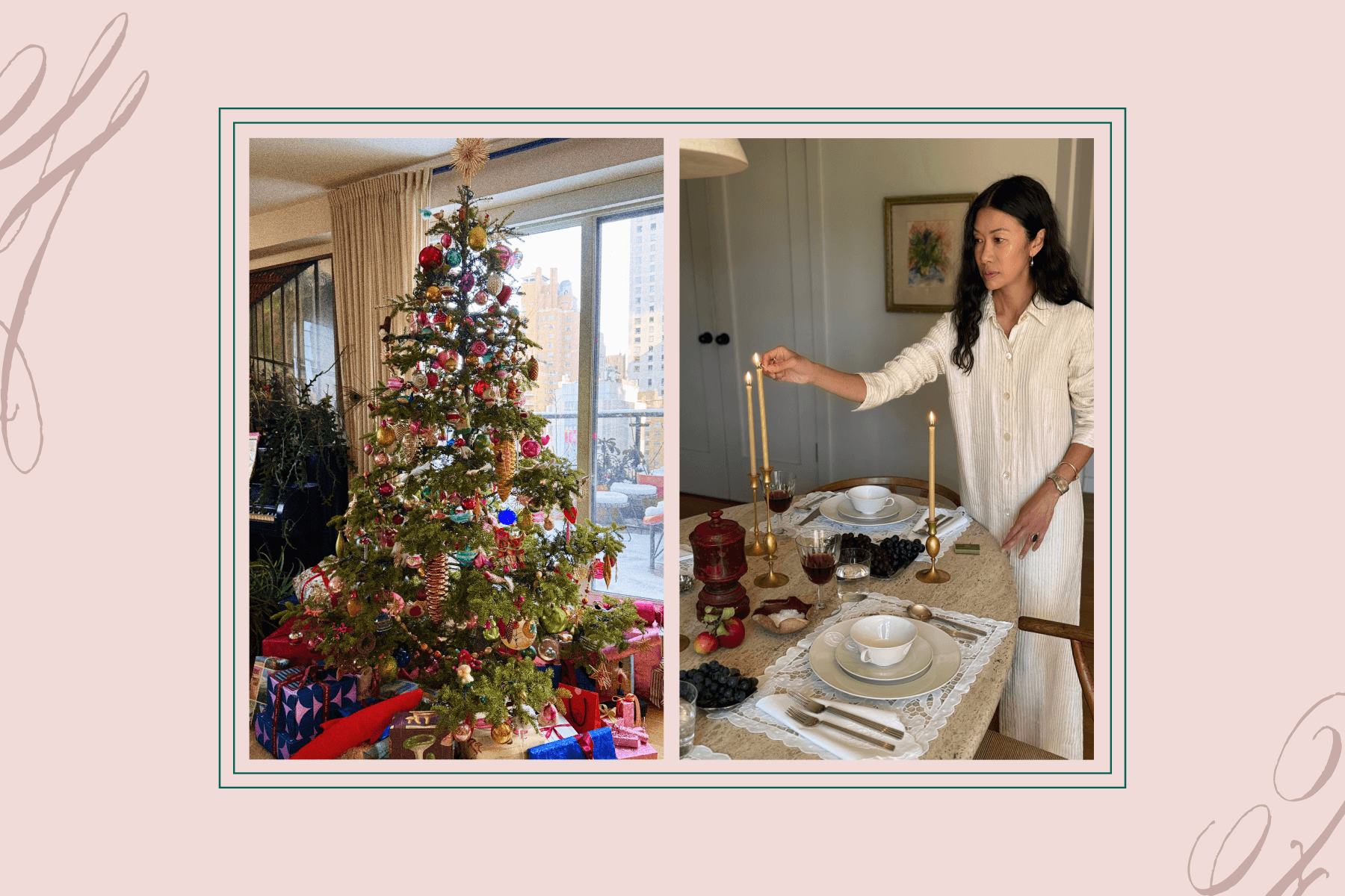 Left: A colorfully decorated Christmas tree with wrapped presents underneath. Right: Kate Berry lighting taper candles at a set dining table.
