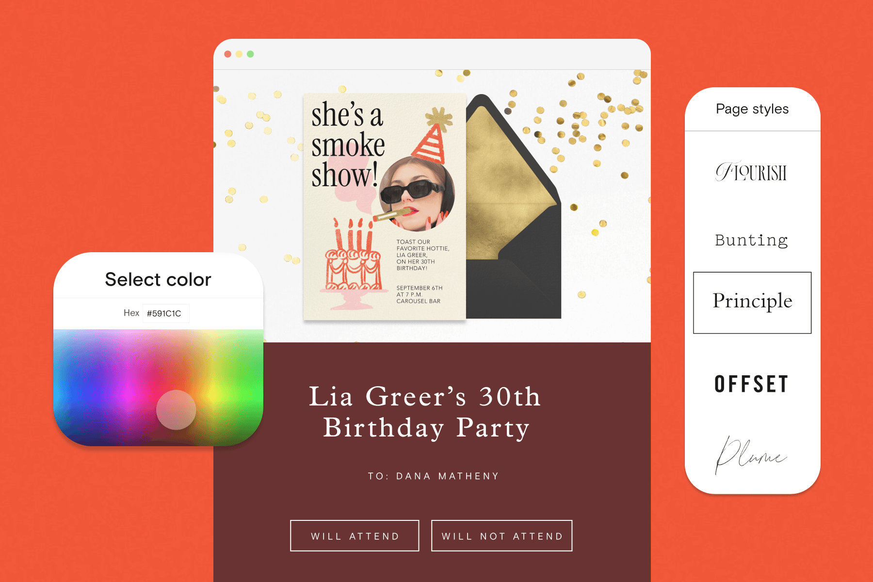 A photo-personalized birthday invitation that is sitting to the left of a black envelope with a gold interior sits above an event page that reads ‘Lia Greer’s 30th Birthday Party’ with color customization UI to its left and font customization UI on its right against a dark orange backdrop.