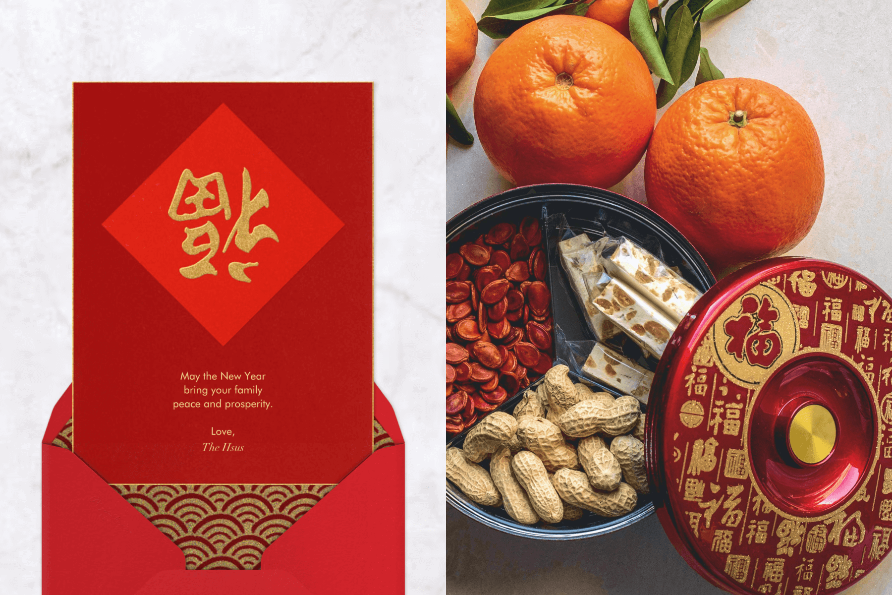A red invitation featuring Chinese characters in a gold diamond, emerging from a red envelope with a gold scalloped pattern on a marble backdrop; a dining setup featuring peanuts and oranges in a container decorated with Chinese script.