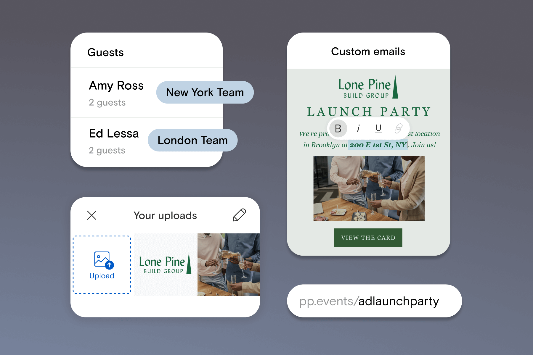 Examples of Paperless Post features over a gray background: A guest list with Guest Tags, a custom logo uploaded, a Custom Email design, and a Custom URL. 