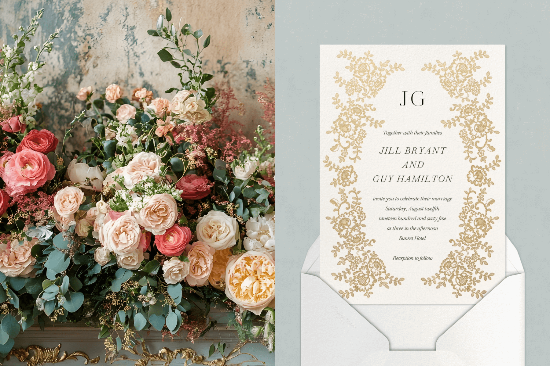 A large arrangement of pink, white, and peach roses with greenery accents; A white wedding invitation featuring gold filigree accents and a white envelope and liner on a gray background.