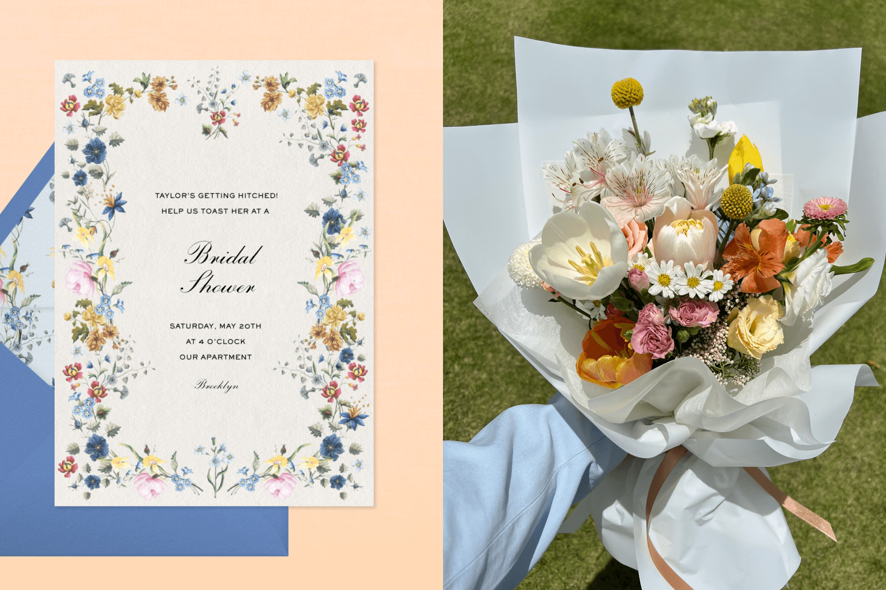 A multicolored, floral bridal shower invitation with the phrase “Taylor’s getting hitched! Help us toast her at a Bridal Shower” lying atop a blue envelope and cream-colored background. Right: An arm reaches out from the left holding a wrapped bouquet of various colored roses, daisies, and sprigs of green.