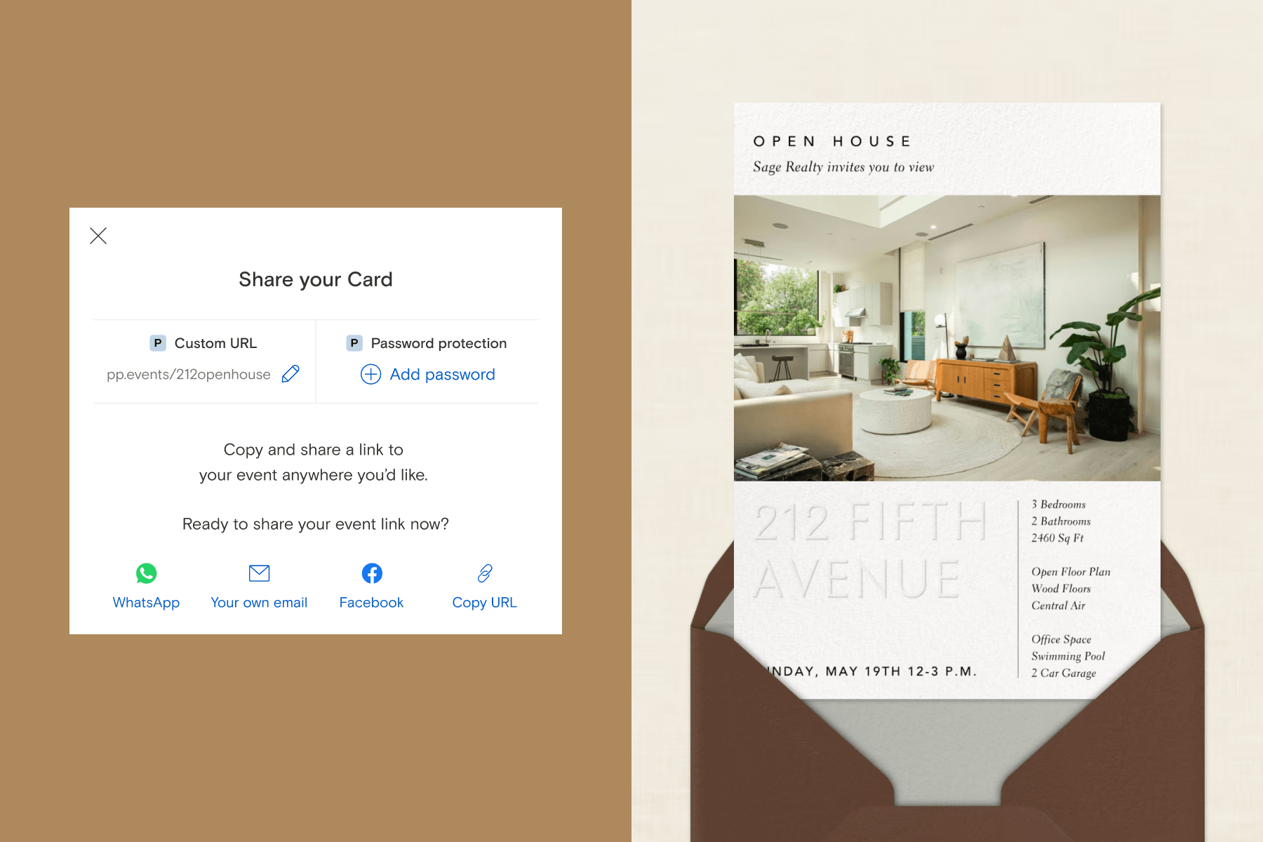 A shareable link with a Custom URL for an open house event over a brown background; An invitation for an open house with a photo of an apartment interior and black text.