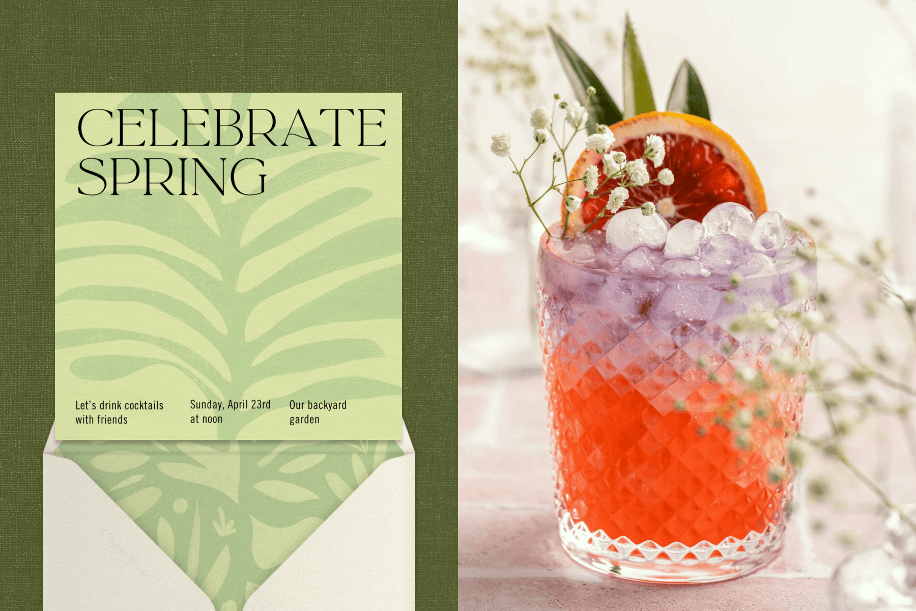 A square, light green invitation with a green plant shape reads ‘celebrate spring;’ an orange-red drink with purple ice and a blood orange garnish