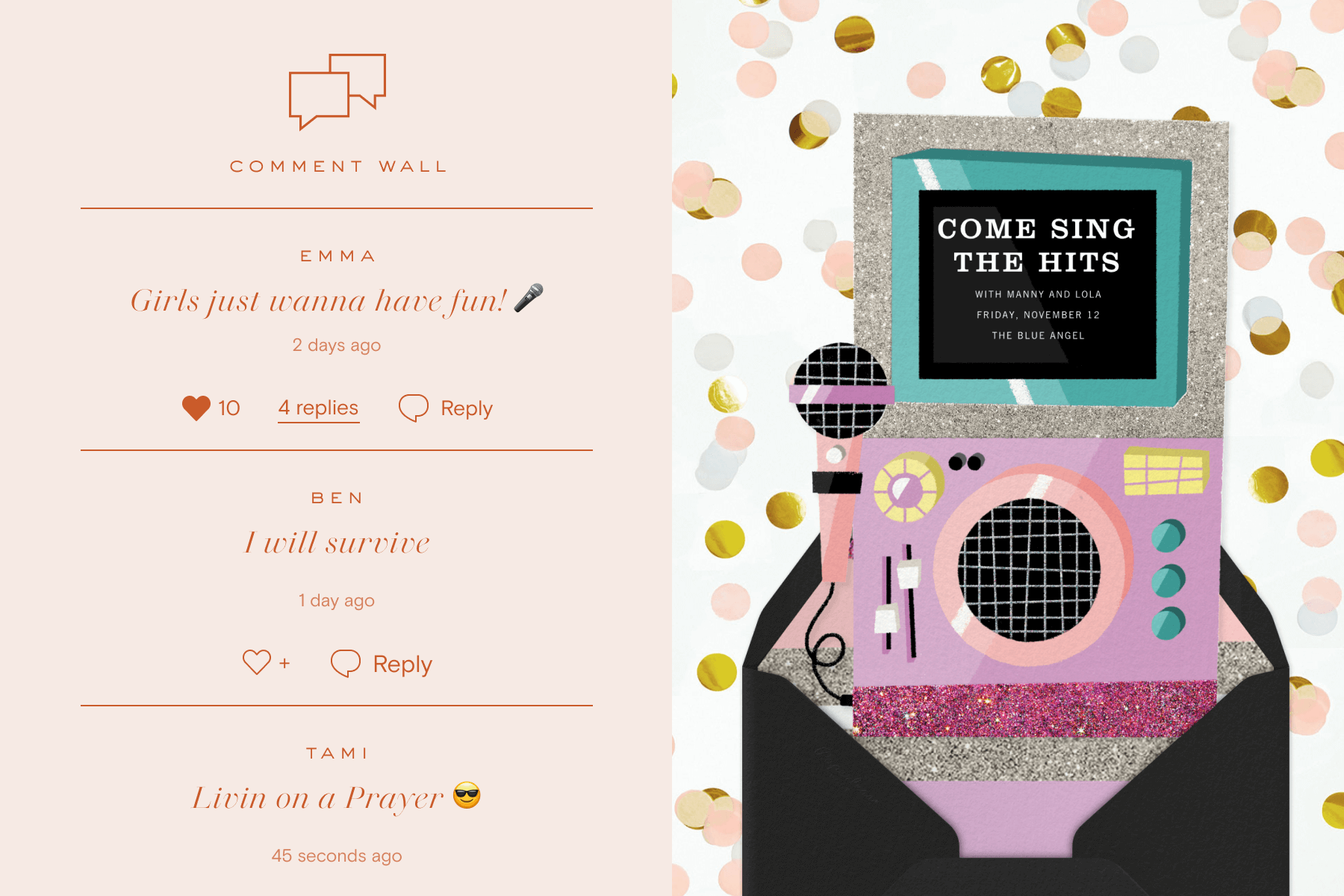 A screenshot from an invitation comment wall with comments from guests; An invitation for a karaoke party featuring a design that looks like an old-fashioned glittery karaoke machine.