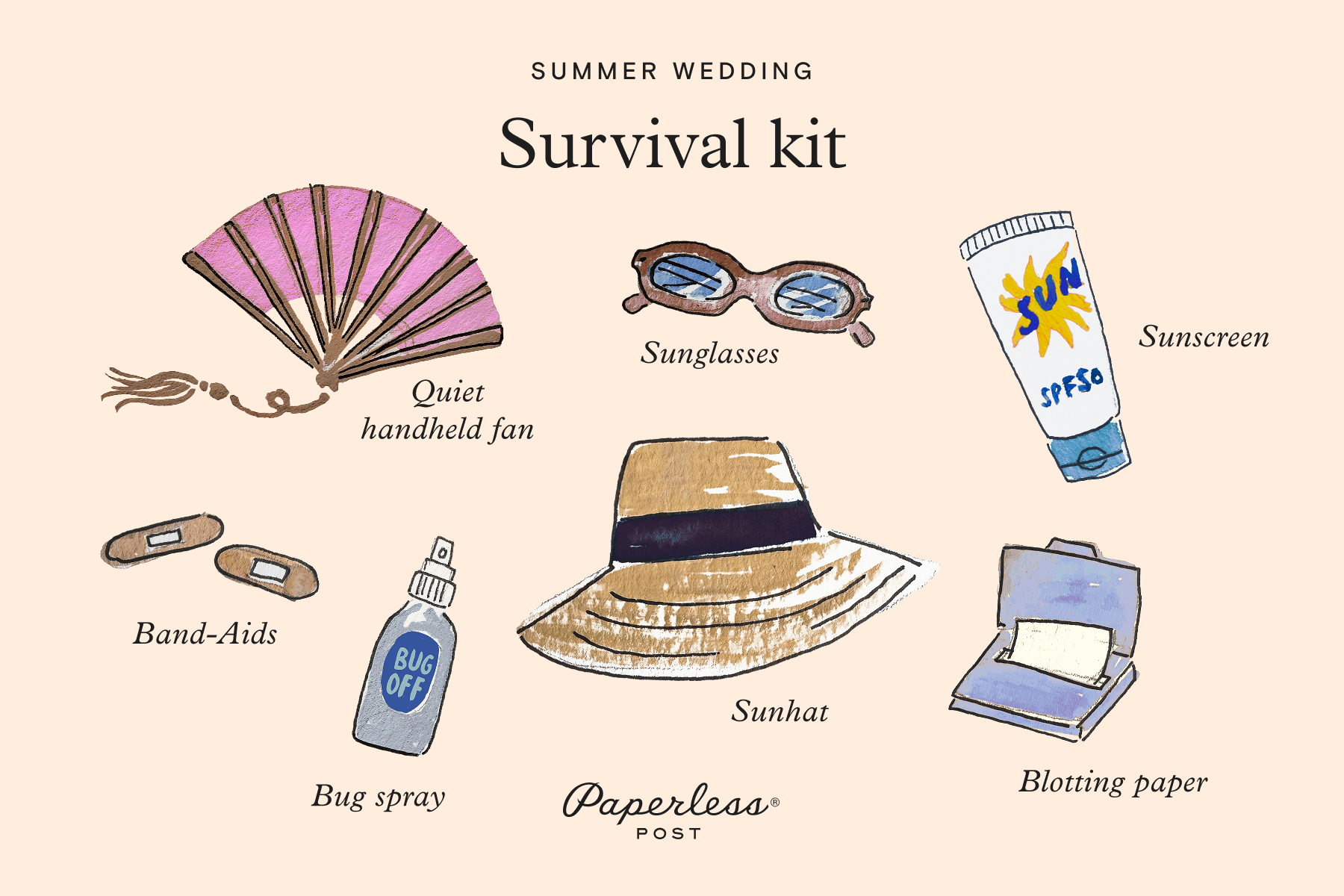 A Paperless Post-branded illustration of summer wedding survival kit essentials, including a pink paper handheld fan, Band-Aids, bug spray, sunglasses, a sunhat, sunscreen, and blotting paper.