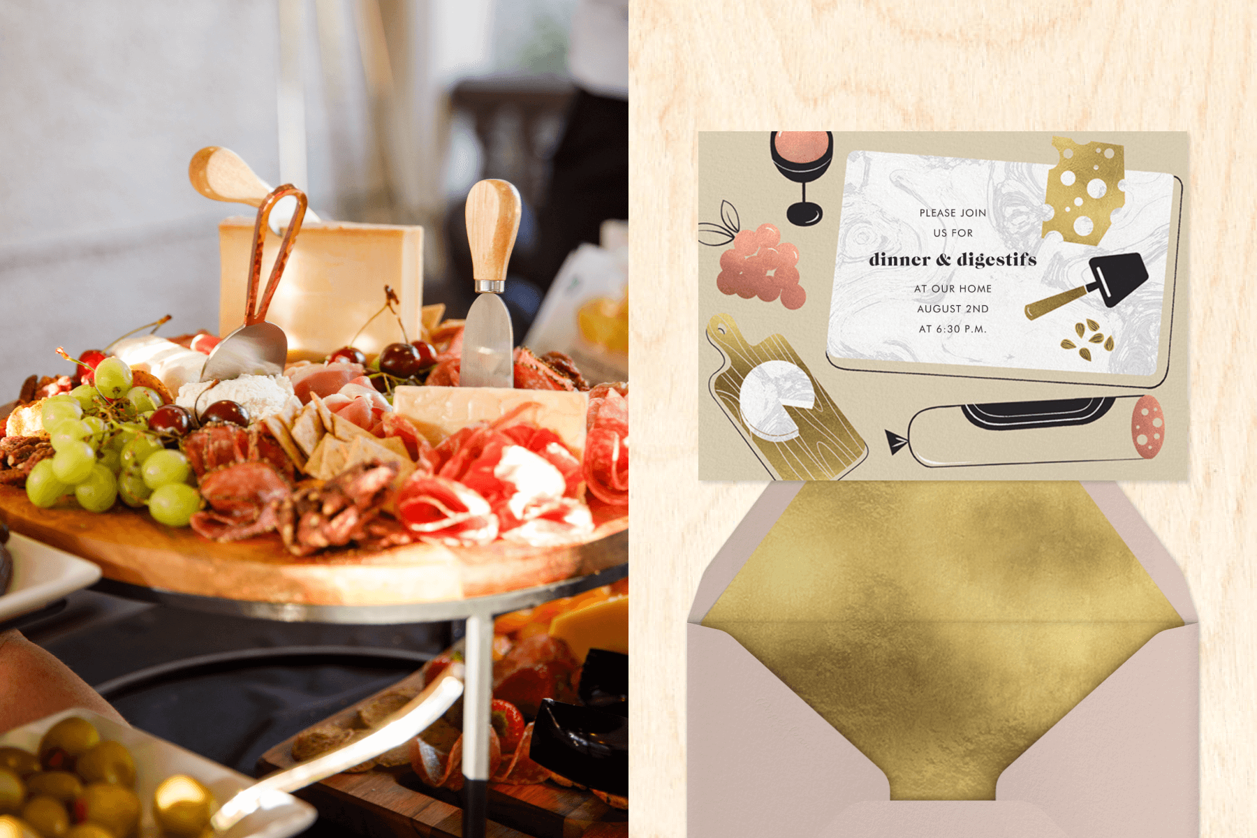 A cheese and charcuterie board; an invitation with a marble board, cheese, salami, wine, and grapes emerging from a gold foil-lined envelope.