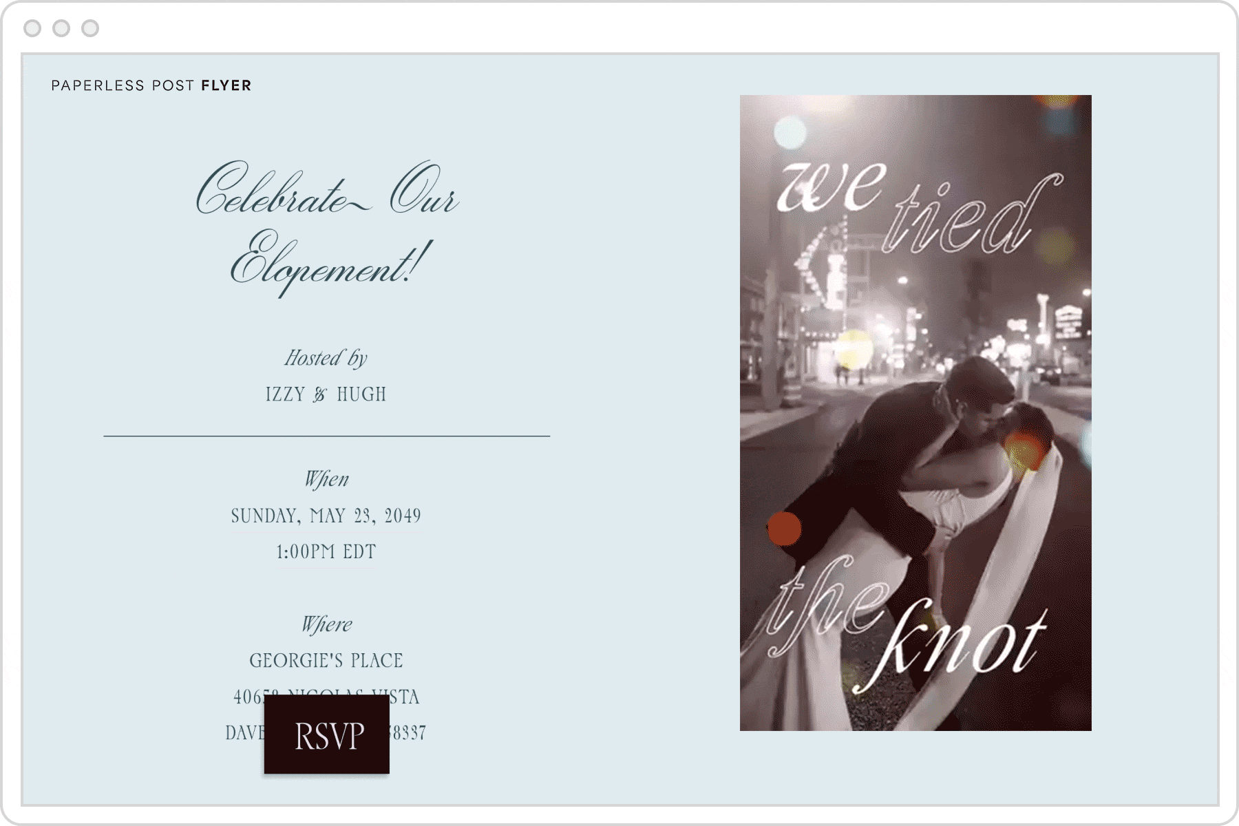 An elopement celebration digital invitation page with a light blue background and an animated graphic with a photo of a couple kissing with text overlay that reads ‘we tied the knot.’