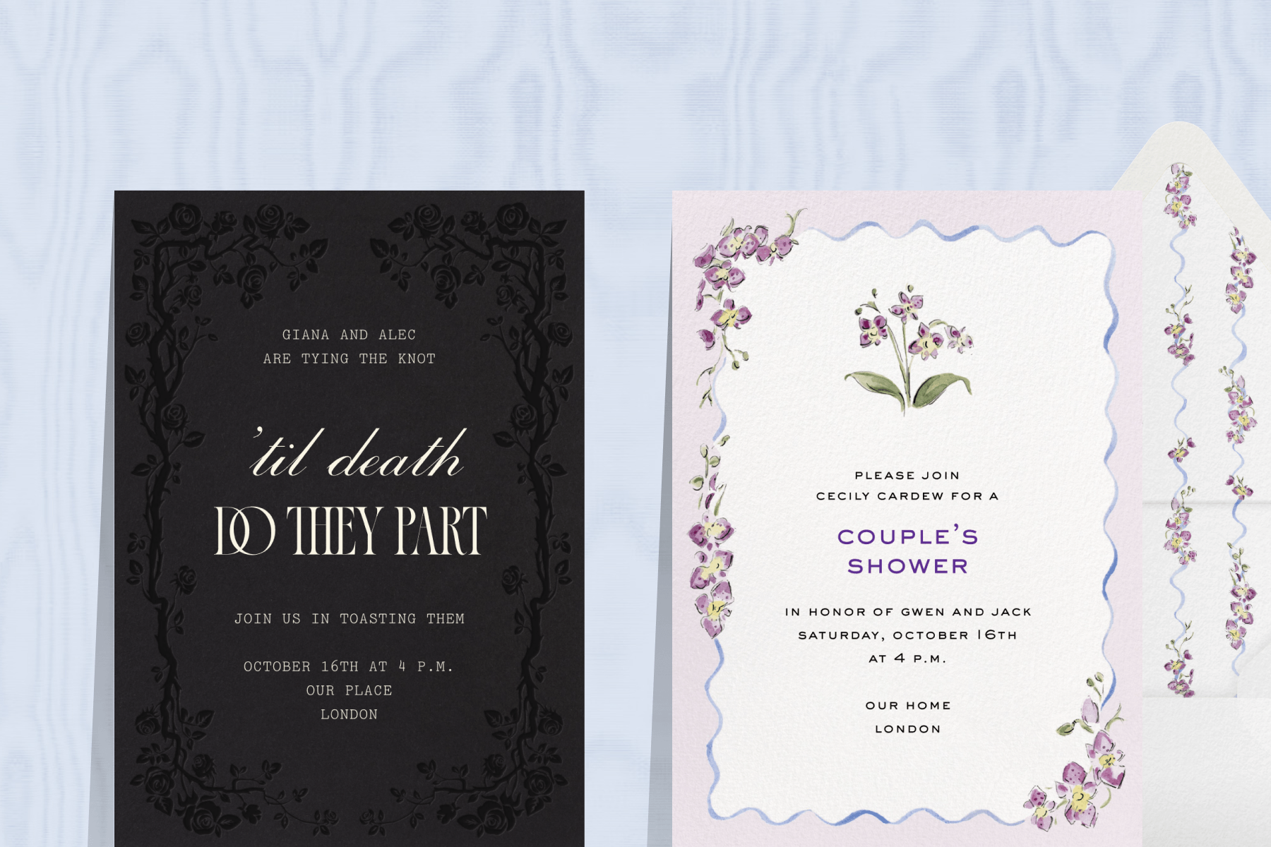 A blue wood-grained background has two invitations. On the left is a black invitation that reads, ’Til death do they part’ with embossed vine borders. On the right is a couple’s shower invitation with a lilac border of purple flowers and blue ribbons, over a white envelope with a matching purple floral liner. 