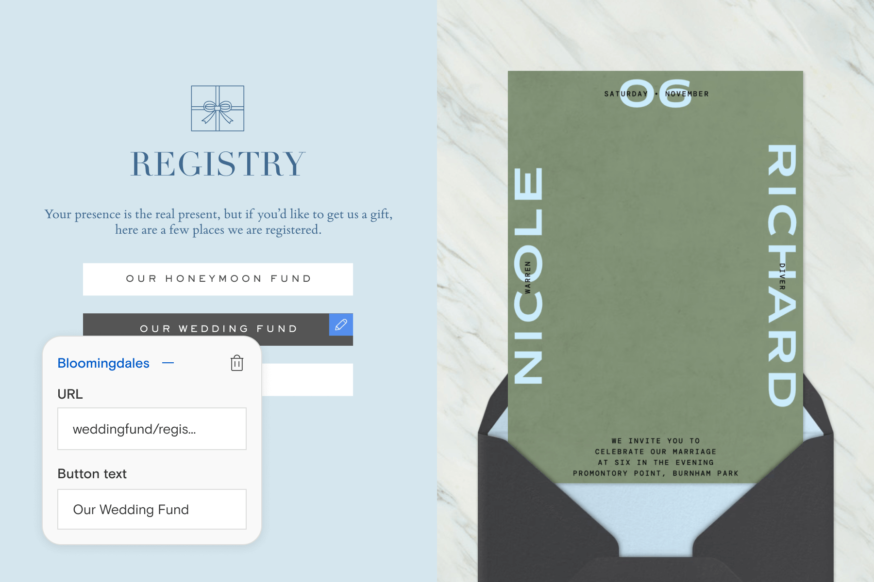 A screenshot of Paperless Post’s Registry Block feature with a light blue background; A wedding invitation with a green background and modern light blue text paired with a gray envelope, blue envelope liner, and marbled background.