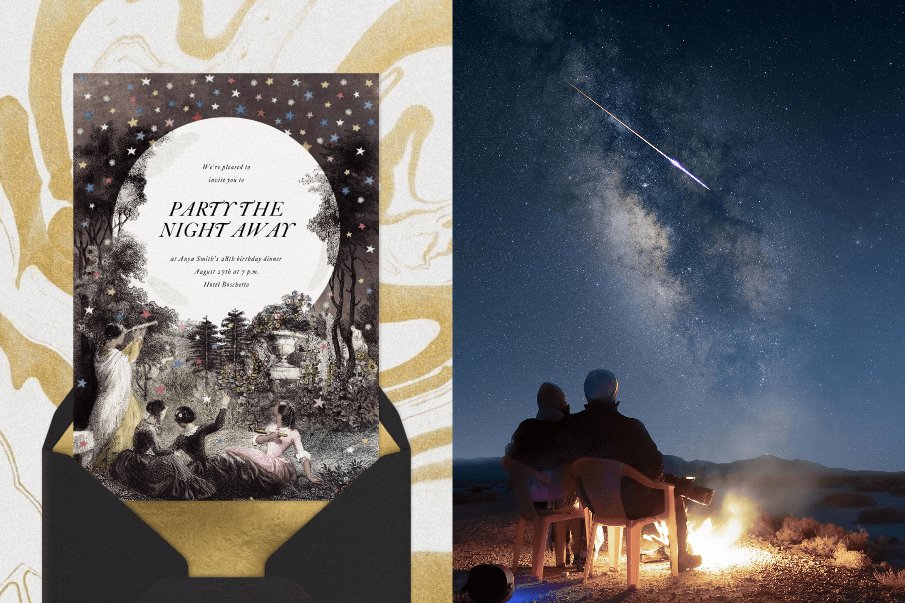 An invitation for a stargazing-themed party featuring an old-fashioned illustration of women looking at the stars in a garden; A couple sitting by a fire in chairs looking up at the stars.