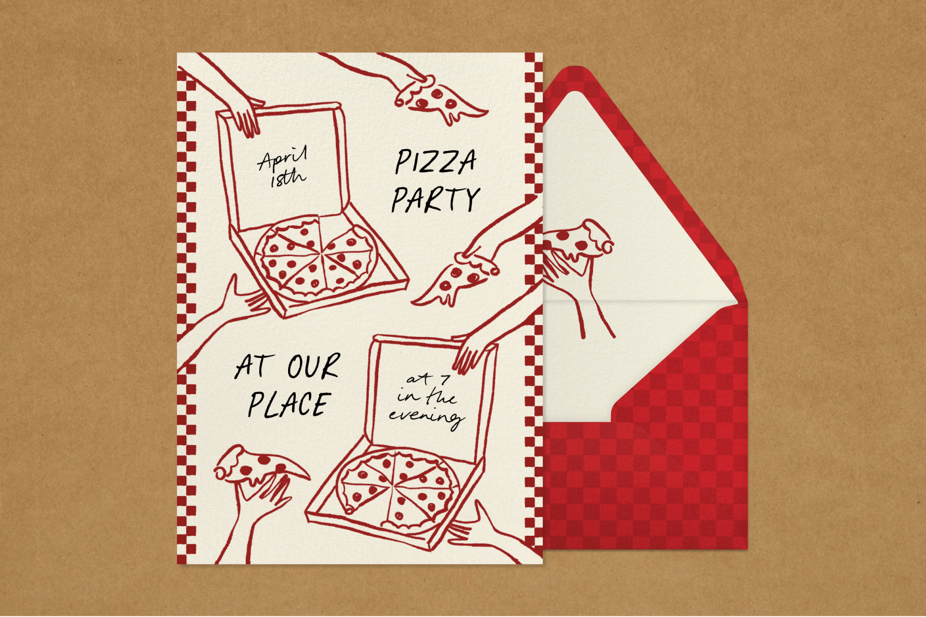 An invitation to a pizza party featuring illustrations of pizza boxes and red checkered details.