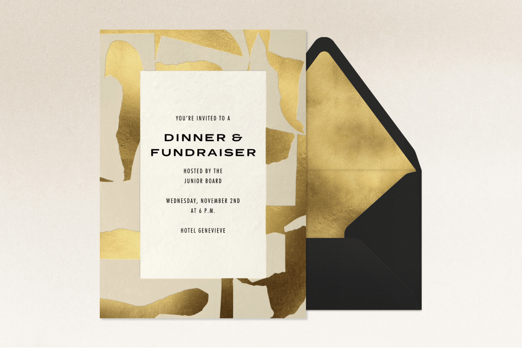 A fundraiser invitation featuring an abstract gold background paired with a black envelope, gold envelope liner, and beige background.