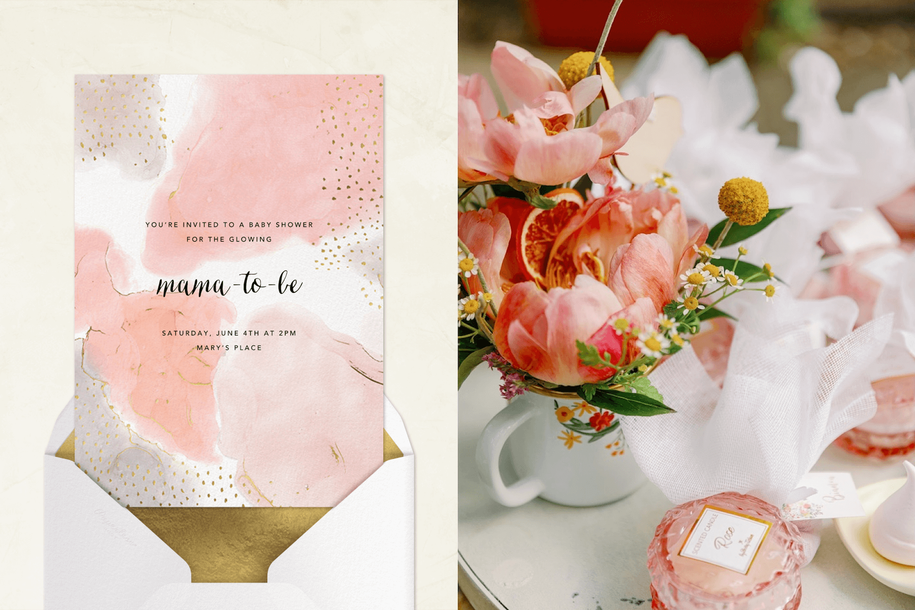 Left: A baby shower invitation with pink watercolor abstract shapes and gold flecks. Right: Pink flowers in a white coffee mug surrounded by white ribbon-wrapped favors.