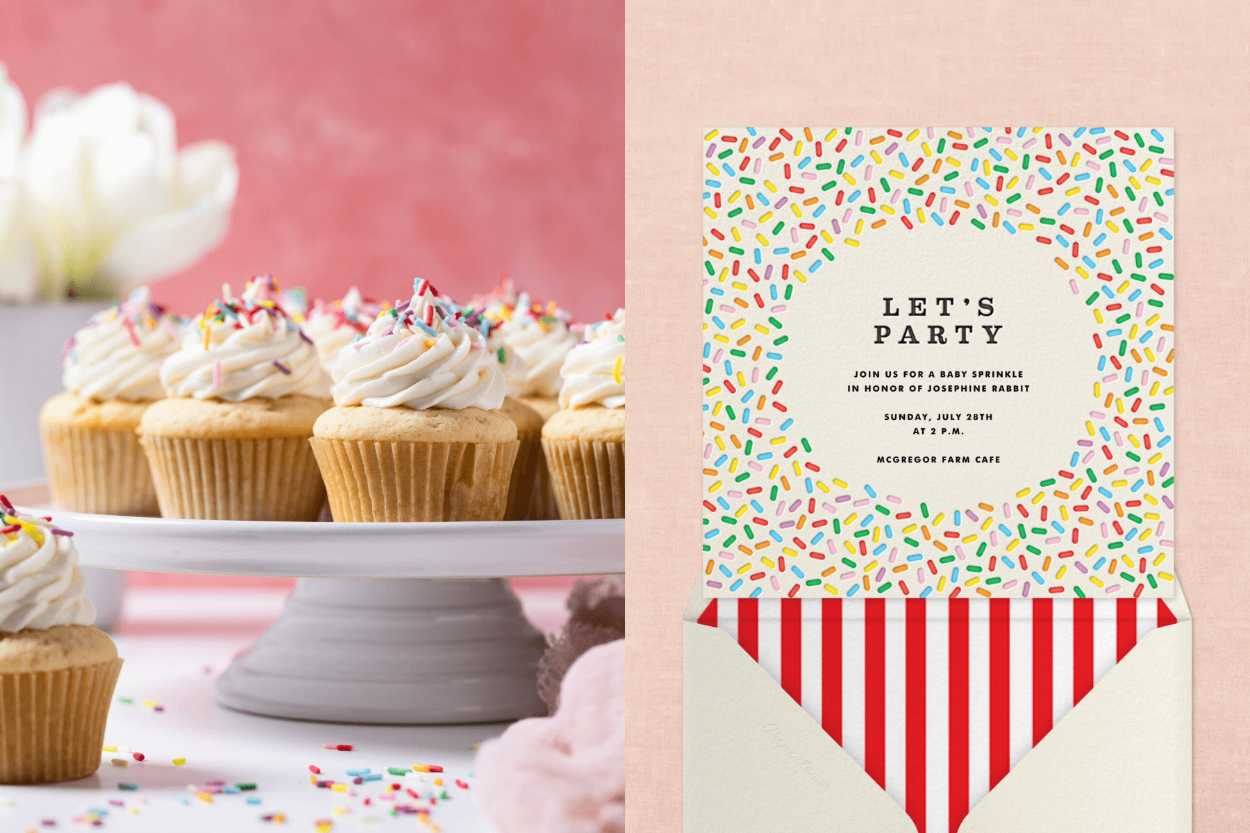 Left: Vanilla cupcakes with white frosting and rainbow sprinkles sit on a cake stand. Right: A baby sprinkle invitation with a wide border or rainbow sprinkles coming out of a cream envelope with red and white stripe liner.
