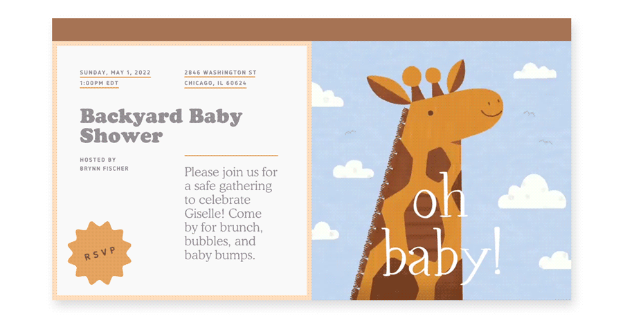 An online baby shower invite with a gif of a cartoon giraffe turning and smiling and the words “oh baby!”