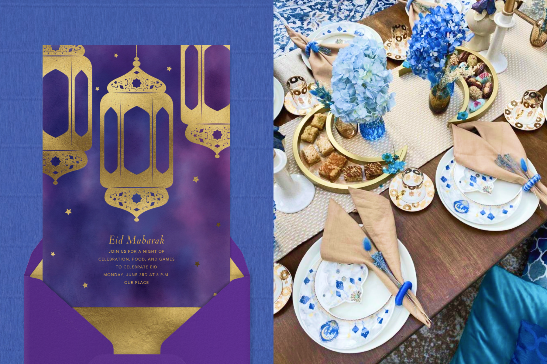 Left: A purple and gold Eid party invitation featuring lantern illustrations with a matching envelope; right: an overhead photo of a set table with Eid decor and food.