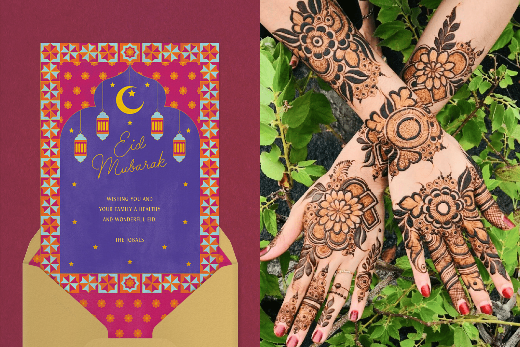 Left: A colorful Eid party invitation with a geometric background and a scene of lanterns and a moon and stars paired with a matching envelope; right: a woman's hands intricately decorated with henna with a leafy background.