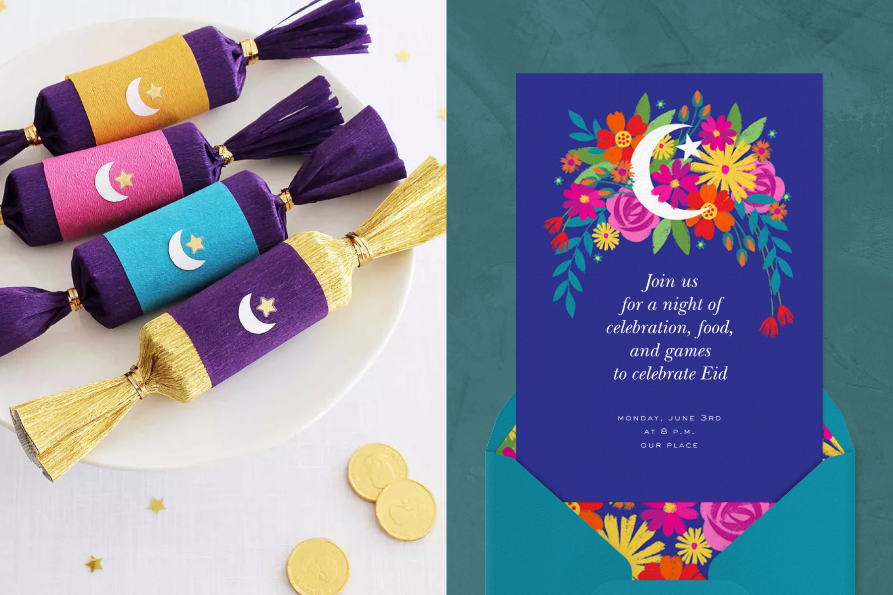 Left: Moon and star themed party poppers; right: an Eid party invitation featuring an illustration of a moon and star surrounded by bright flowers. It is paired with a matching teal envelope.