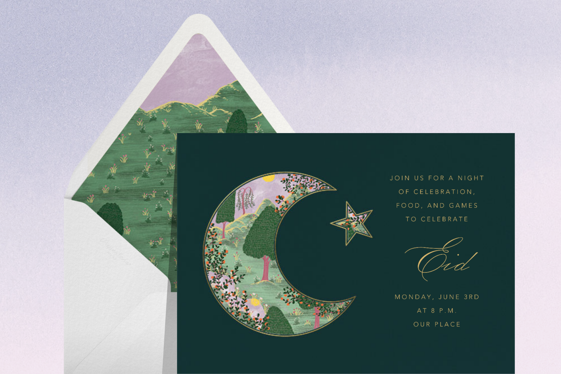 A horizontal green Eid party invitation featuring an illustration of a moon and star that has a pastoral design within. The envelope matches the scene.