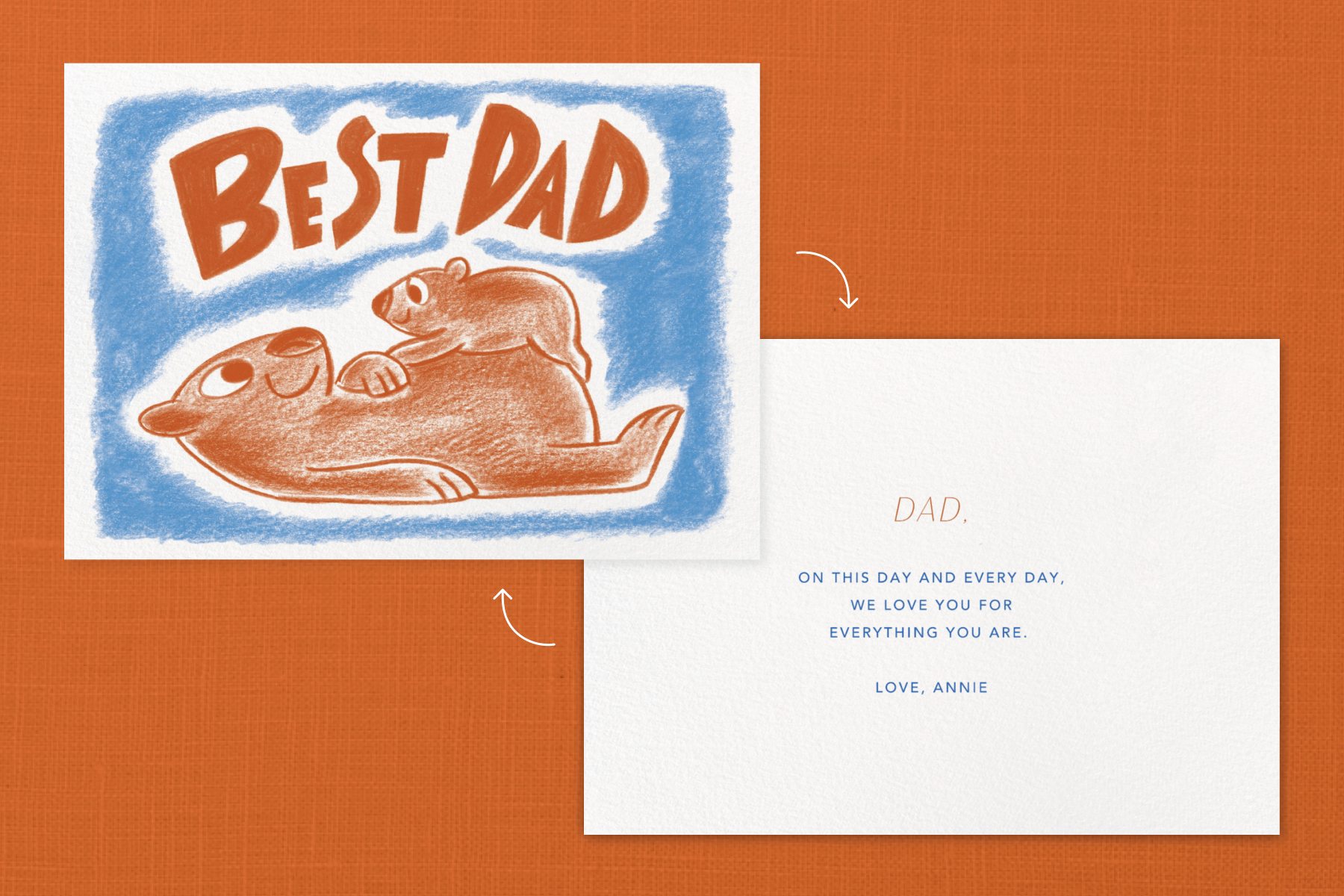 A Father’s Day card featuring an illustration with a papa and baby bear enjoying tummy time under the words “Best Dad.” The back of the card is also shown with a sample message also listed in the suggestions below.