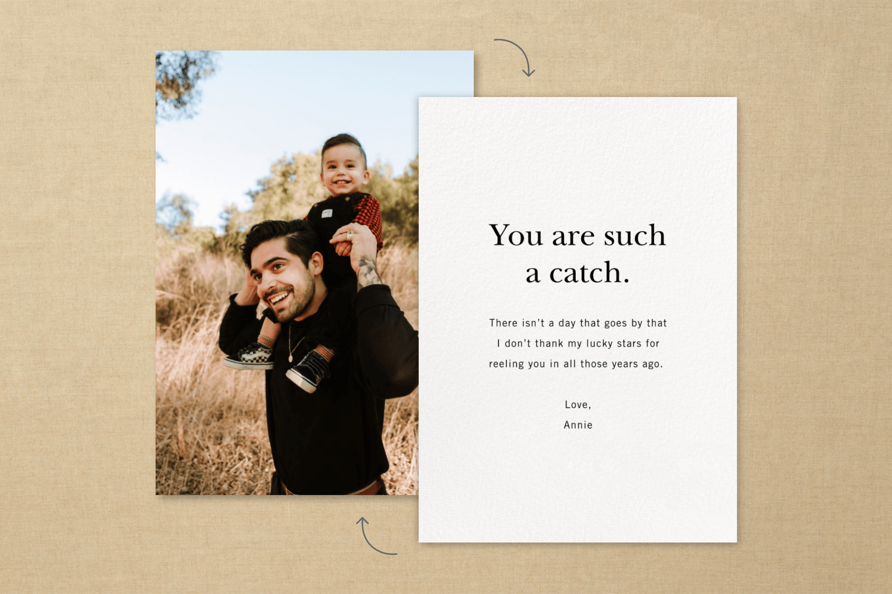A Father’s Day card with a full-bleed photo area with a photo of a father and baby. The back of the card is also shown with a sample message also listed in the suggestions below.