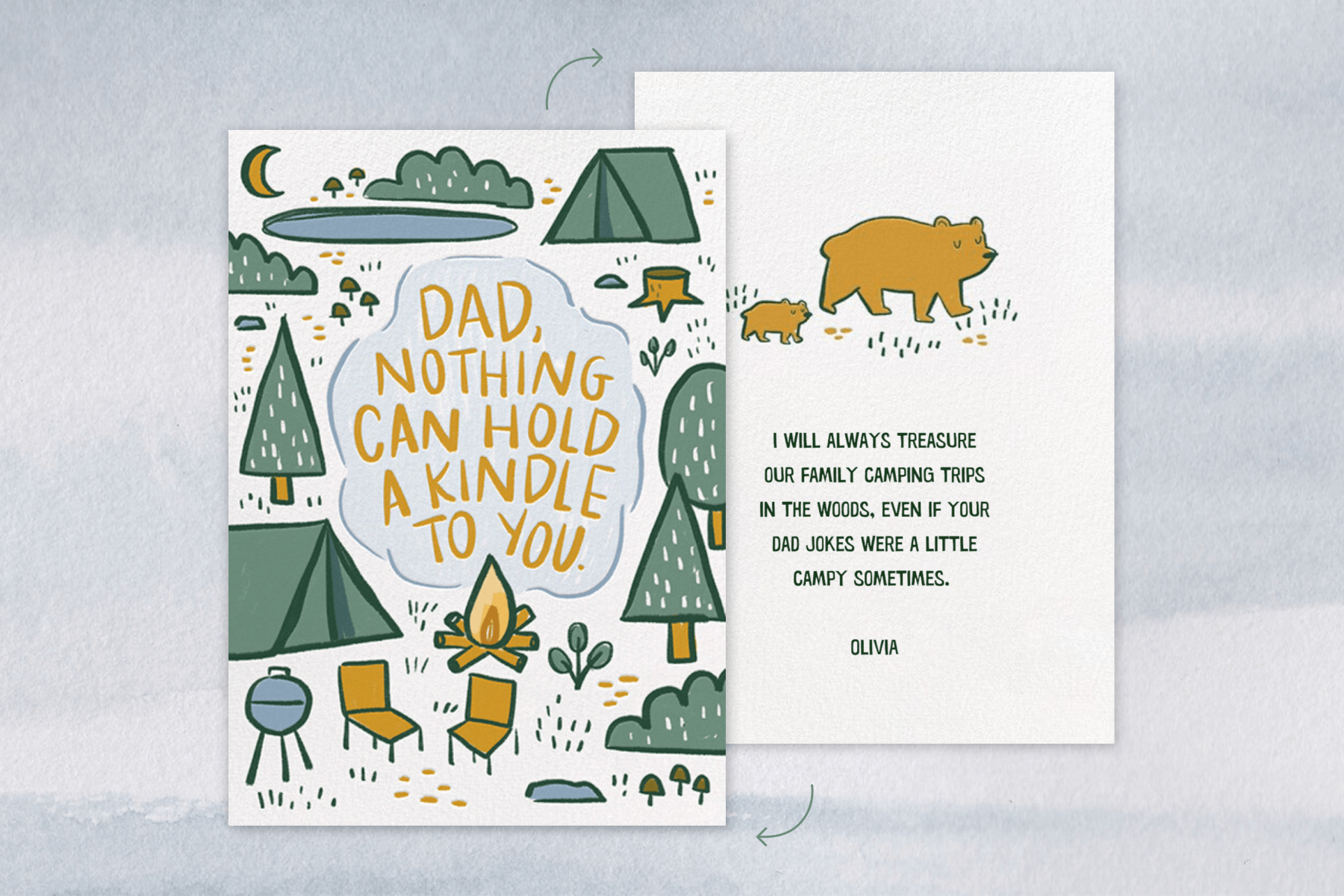 A Father’s Day card featuring an illustration of a camping scene with the words “Dad, nothing can hold a kindle to you.” The back of the card is also shown with a sample message also listed in the suggestions below.
