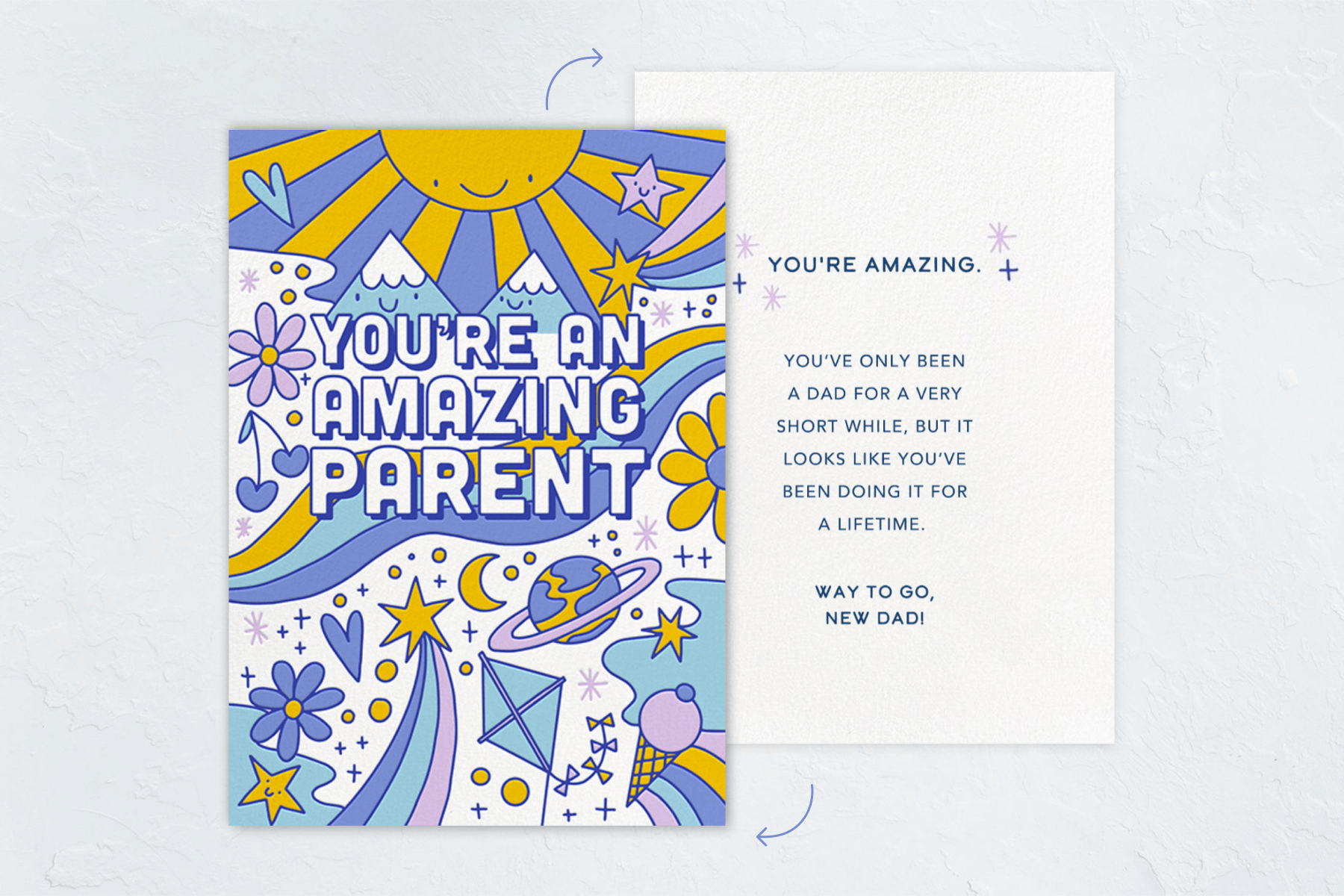 A Father’s Day card featuring an illustration of a sunny scene with lots of stars, moons, flowers, and mountains, along with the phrase “You’re an amazing parent.” The back of the card is also shown with a sample message also listed in the suggestions below.