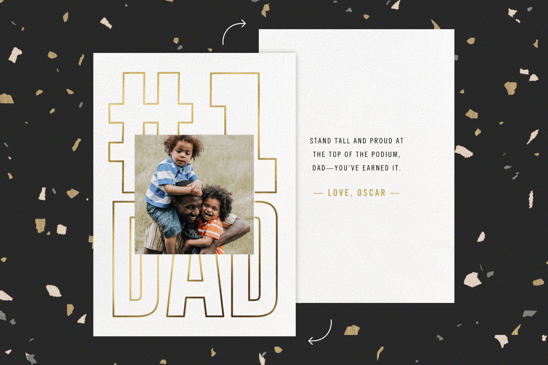 A Father’s Day card featuring graphic gold text that reads “#1 Dad” and a container for a photo. The back of the card is also shown with a sample message also listed in the suggestions below.