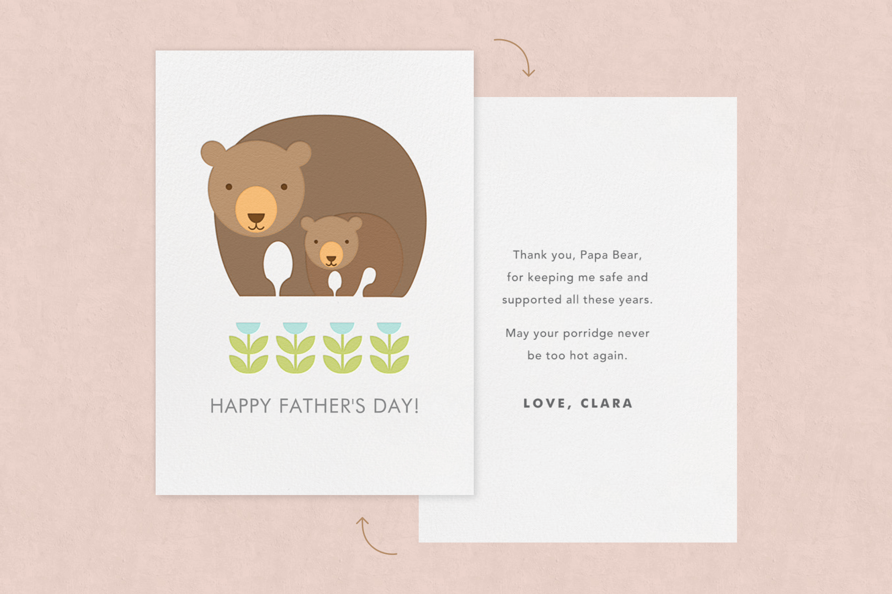 A Father’s Day card featuring an illustration with a papa and baby bear with the words “Happy Father’s Day!” The back of the card is also shown with a sample message also listed in the suggestions below.