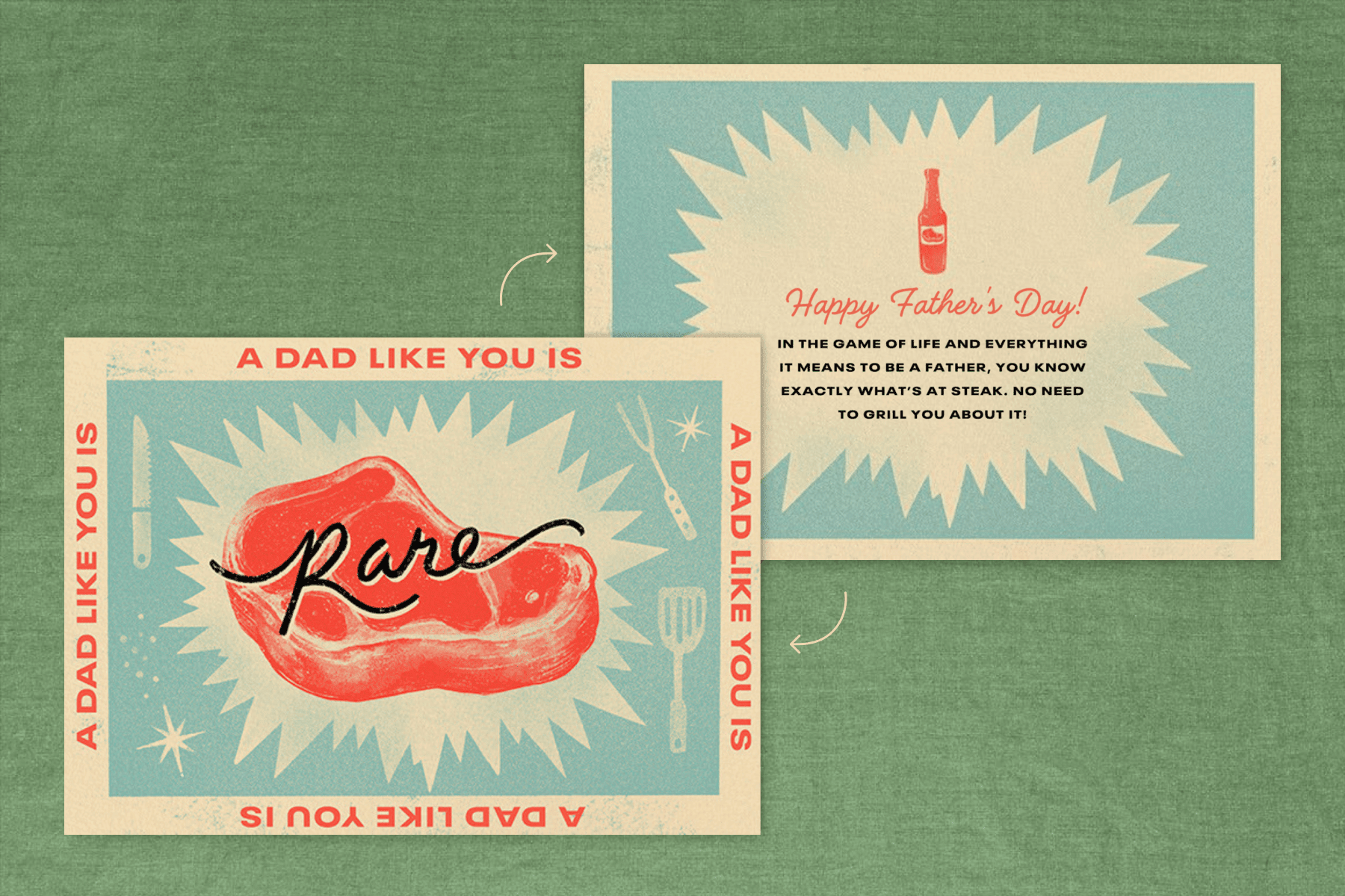 A Father’s Day card featuring an illustration of a raw steak with the words “A dad like you is rare” on repeat. The back of the card is also shown with a sample message also listed in the suggestions below.