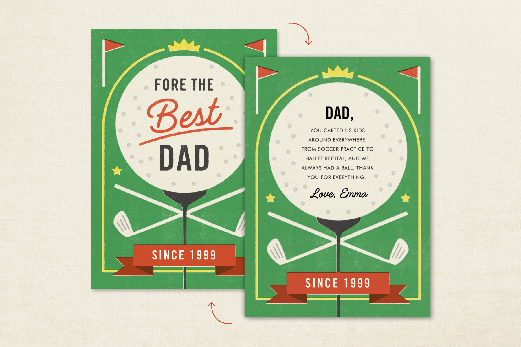 A Father’s Day card featuring an illustration of golf motifs with the words “Fore the best dad since 1999” on the golf ball. The back of the card is also shown with a sample message also listed in the suggestions below.
