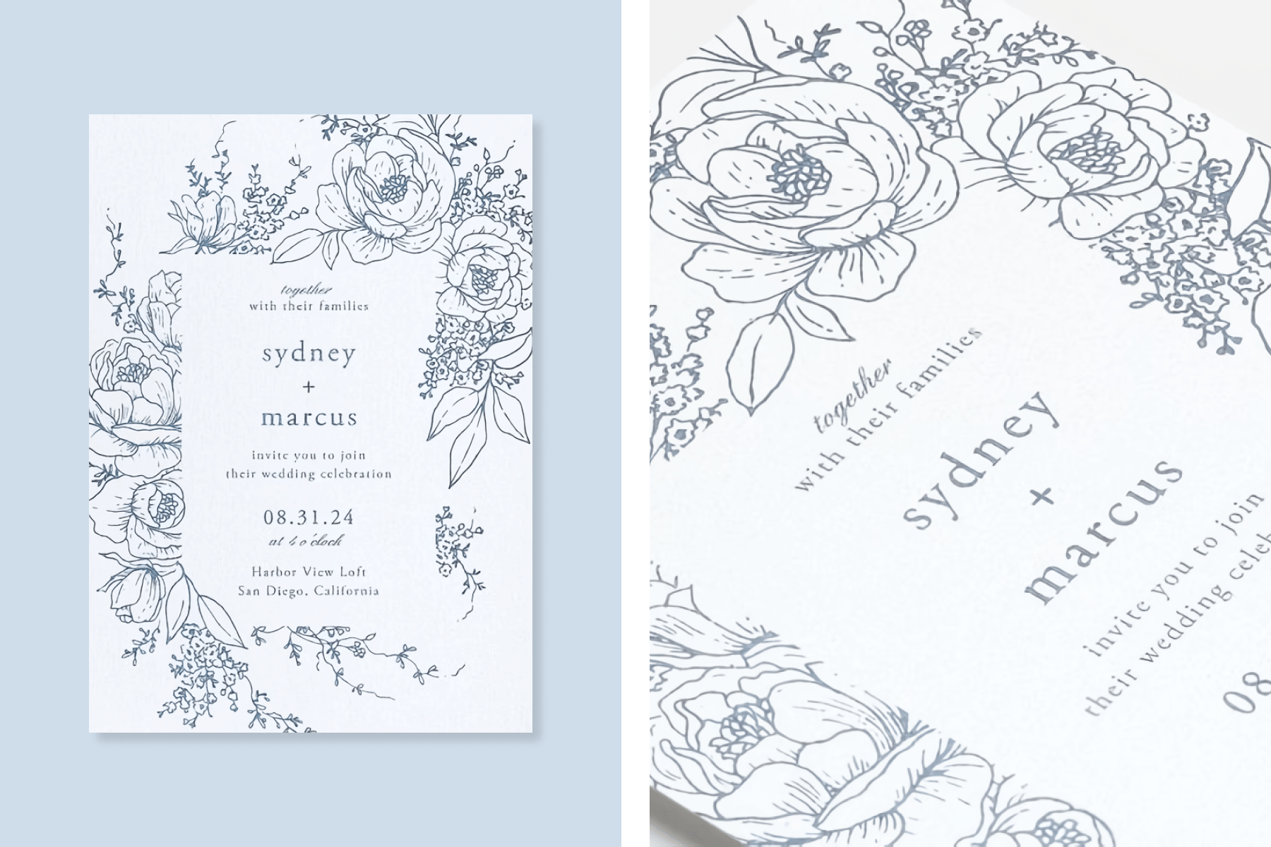 Left: A white wedding invitation with gray rose doodles around the border. Right: The same invitation shown at an angle leaning towards the left.