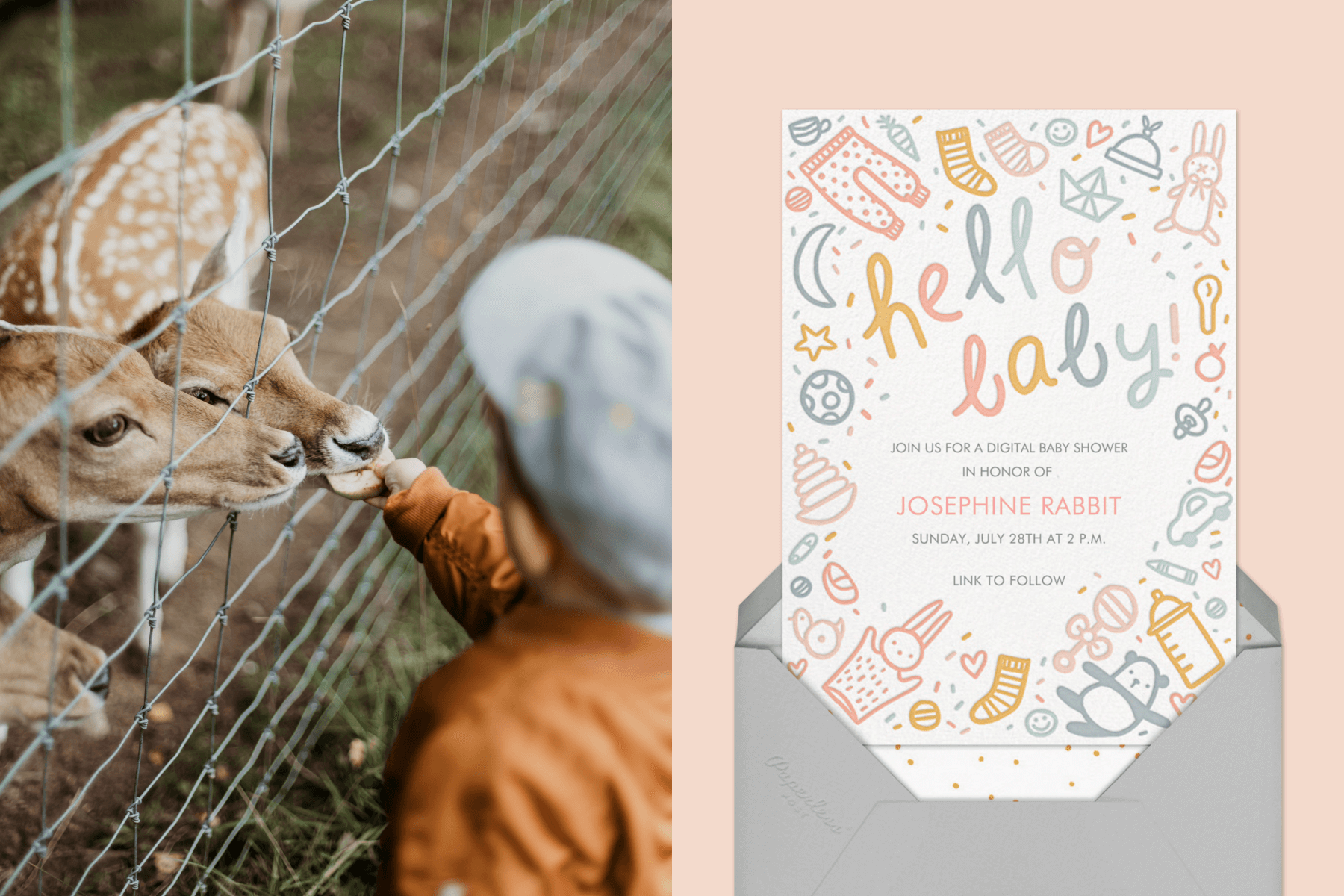 left: A child feeds deer through a fence. Right: A baby shower invitation with pastel doodles of baby accessories.
