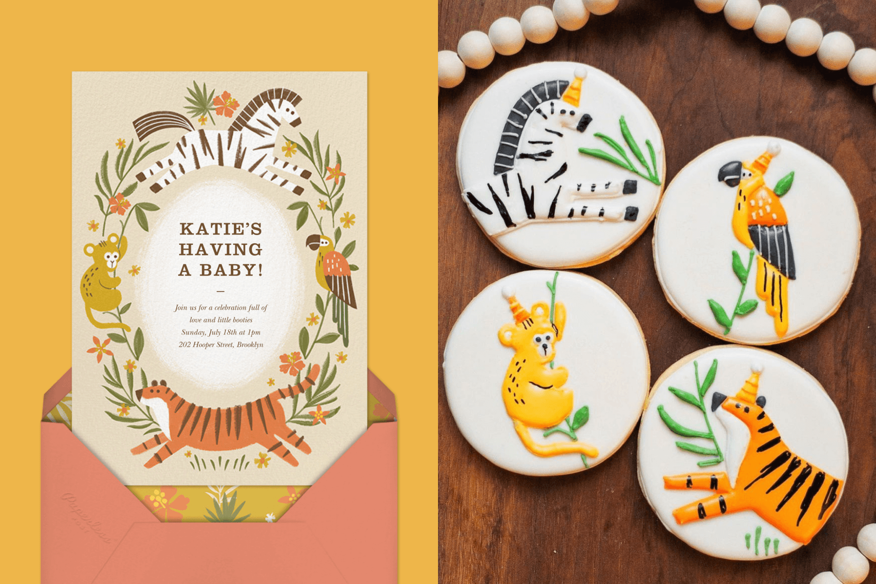 left: A baby shower invitation with a border of illustrated safari animals. Right: sugar cookies with decorative safari animal icing. 
