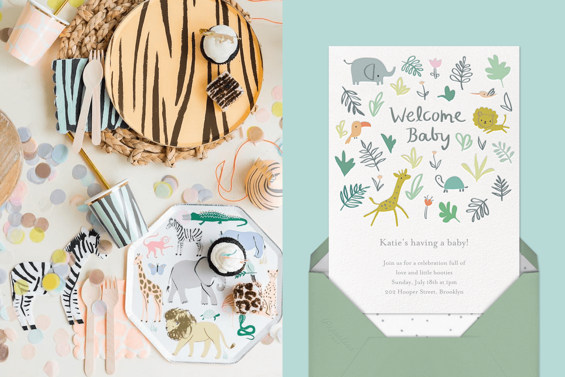 left: Safari animal-themed party goods. Right: A baby shower invitation with illustrations of baby animals.